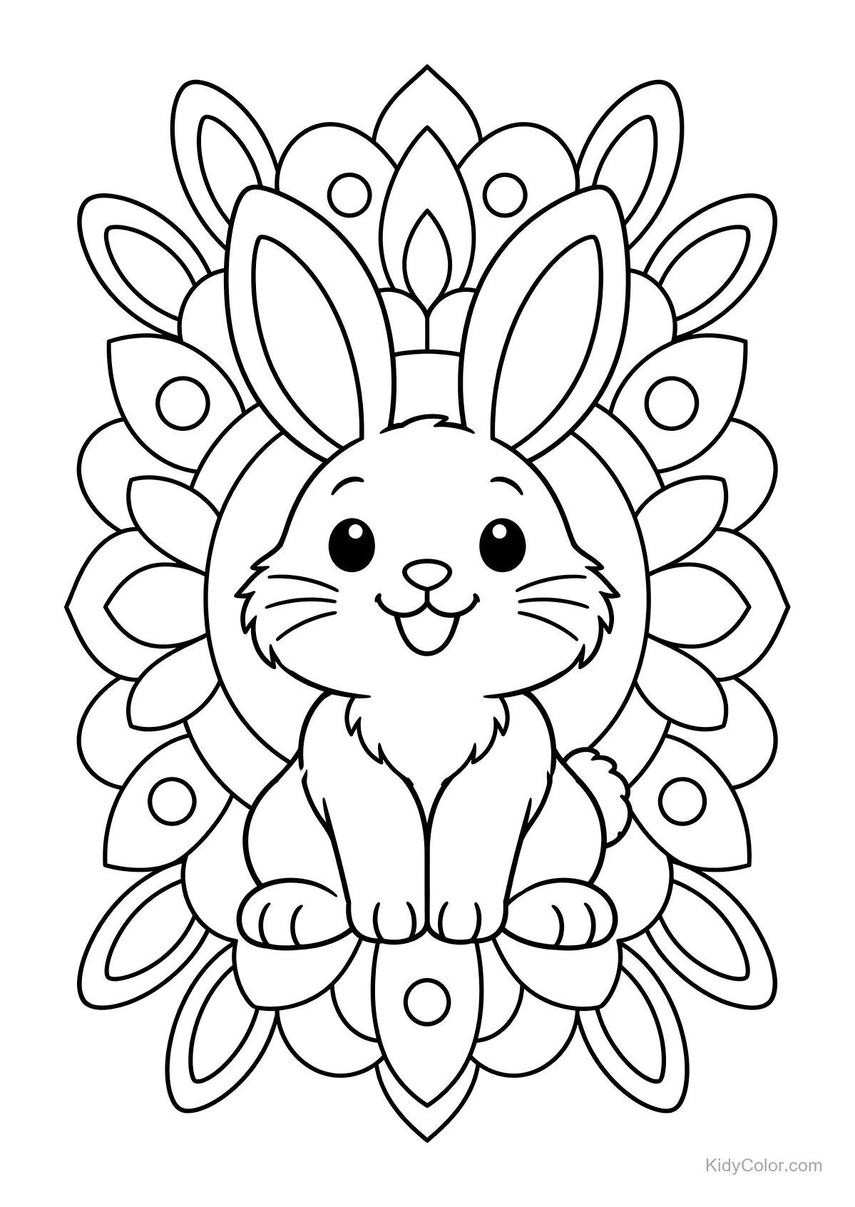 Cute rabbit sitting in front of a mandala design.