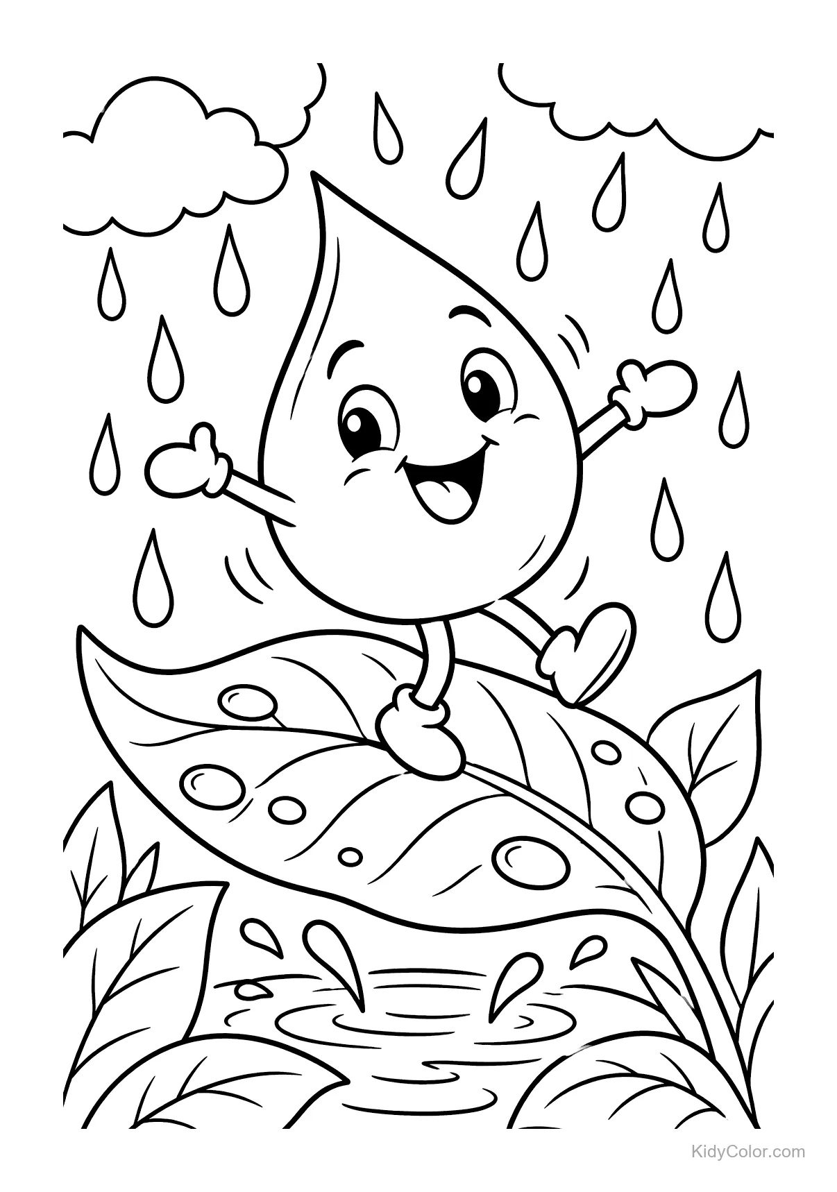 A happy raindrop with eyes and legs dancing on a leaf in the rain.