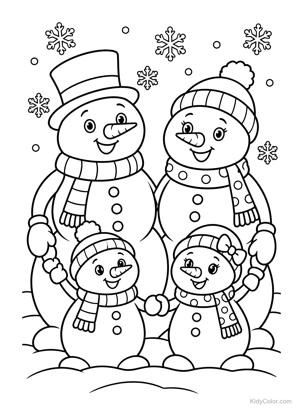 Famiglia di pupazzi di neve che si tiene per mano con fiocchi di neve intorno.