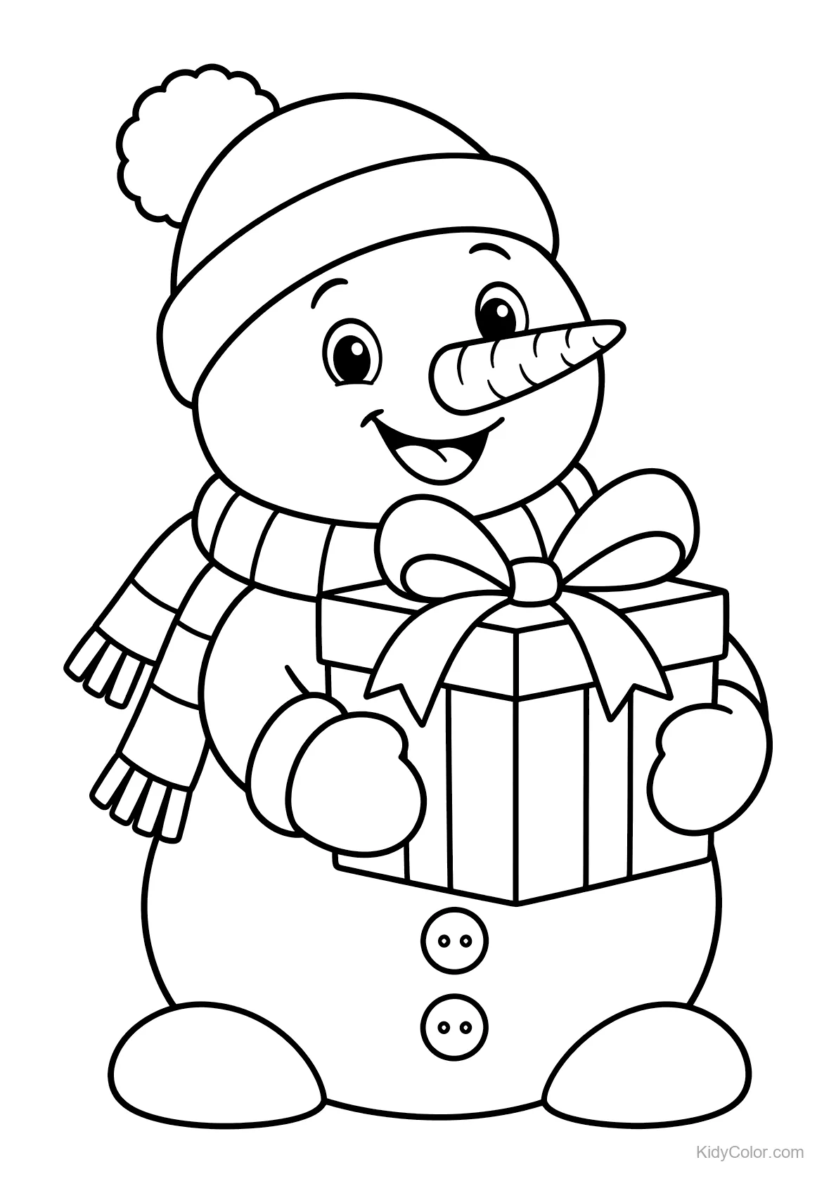 Pupazzo di neve felice con cappello e regalo.