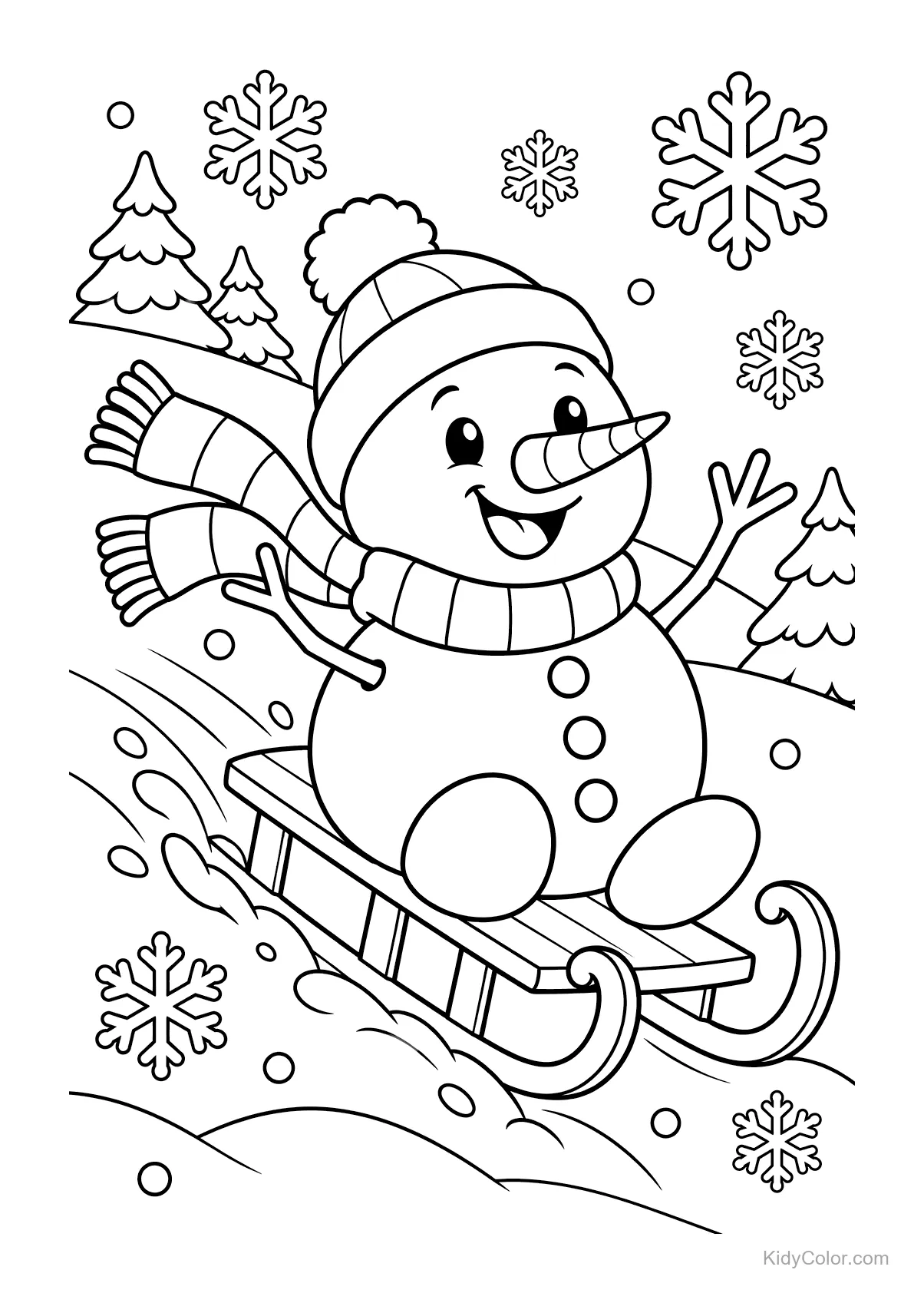 A happy snowman sledding downhill surrounded by snowflakes and trees.