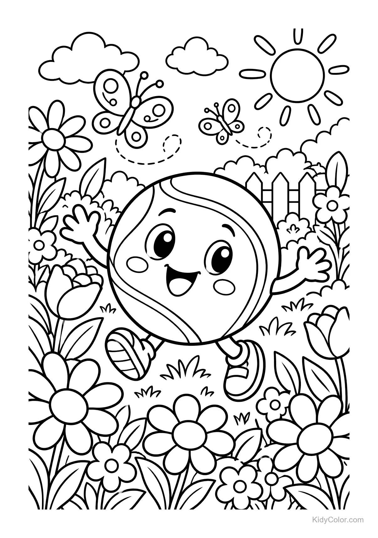 A smiling tennis ball with arms and legs in a garden with flowers and butterflies.