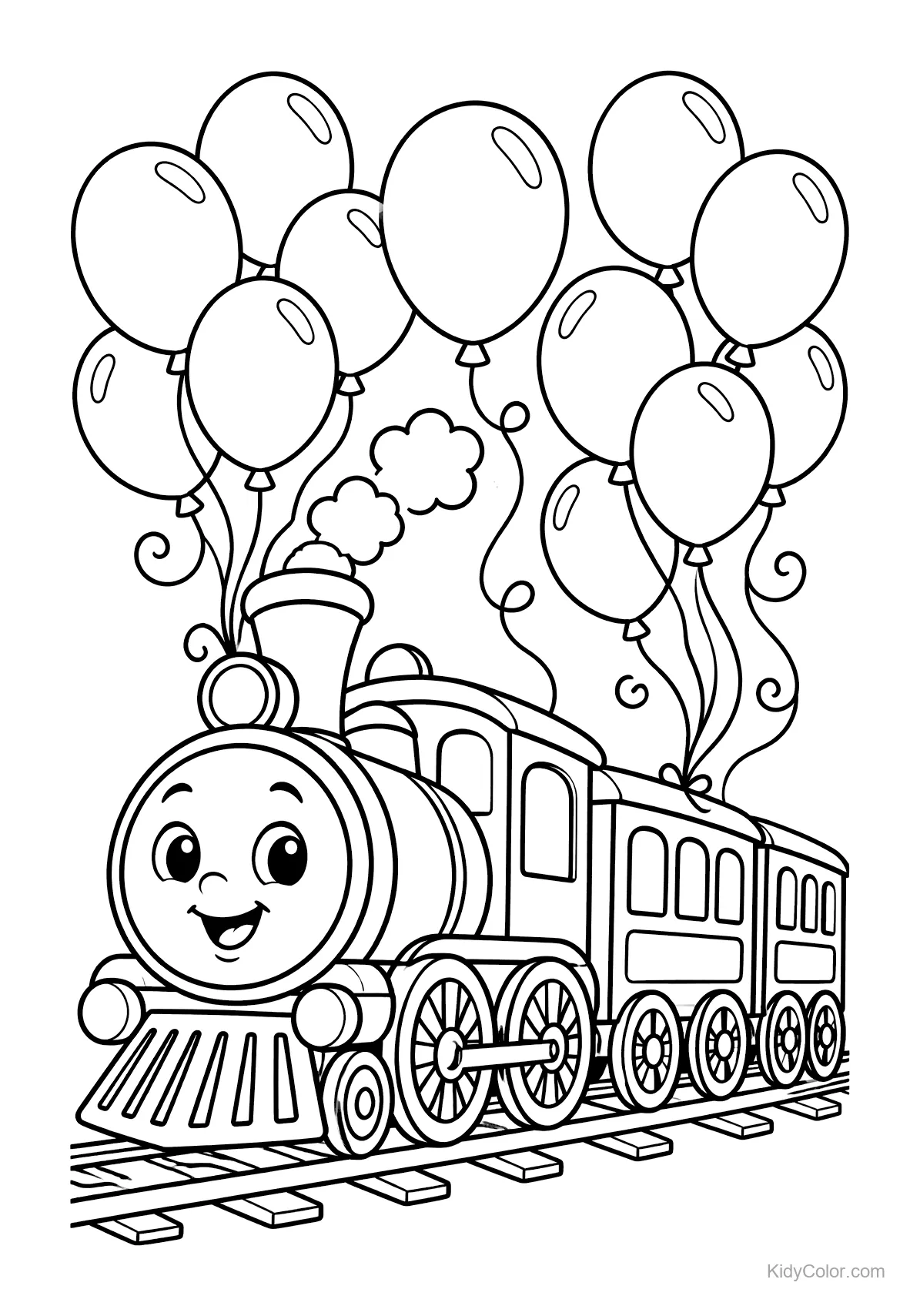 Un train joyeux avec un visage souriant entouré de ballons.
