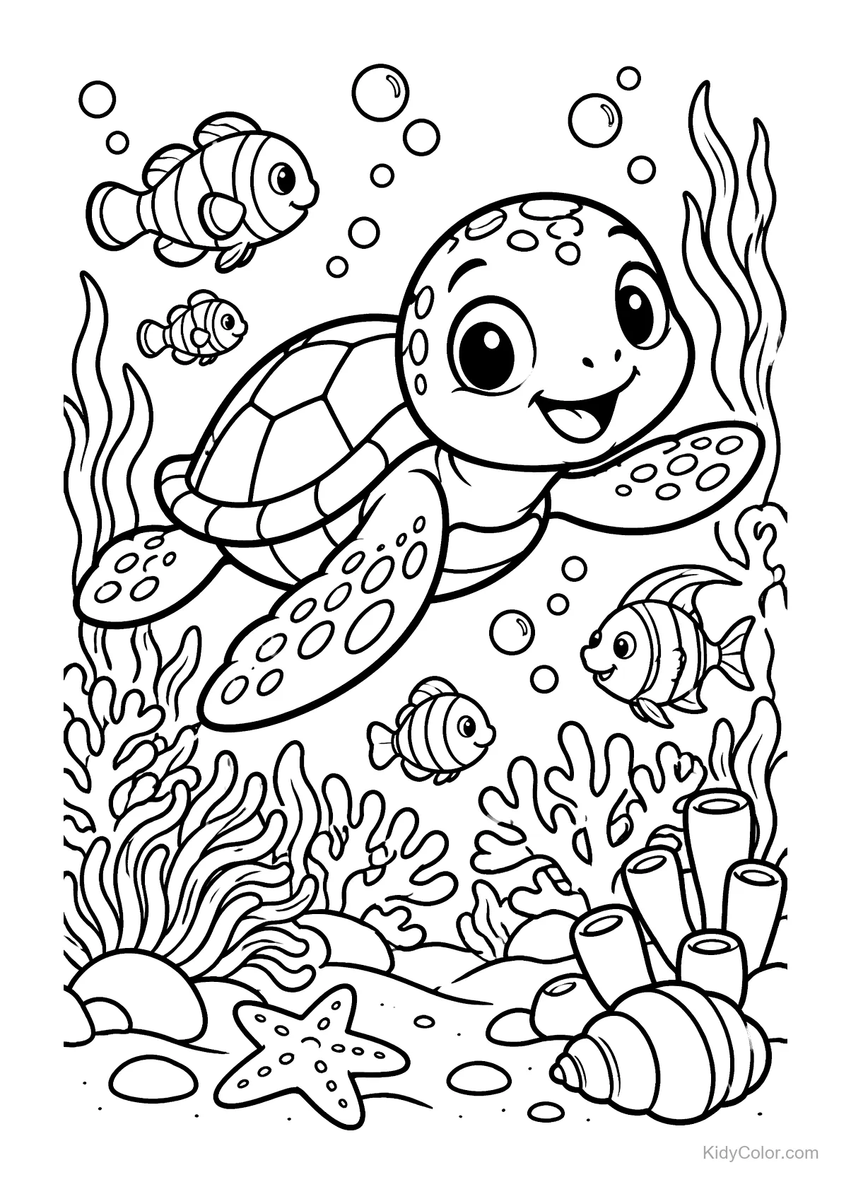 A happy turtle swims with fish and coral in an ocean scene.