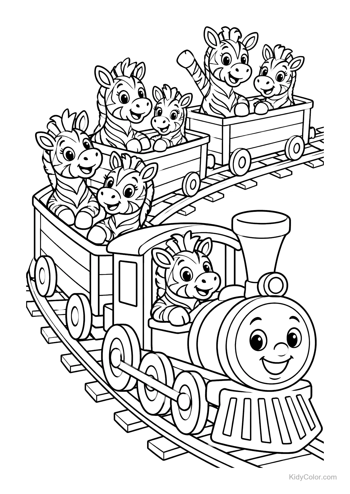 Happy zebras enjoying a train ride on a cheerful train.