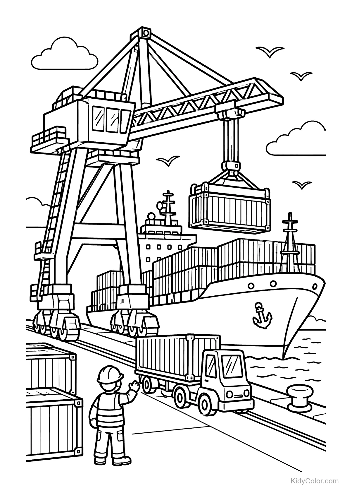 A harbor scene with a crane loading containers onto a cargo ship.
