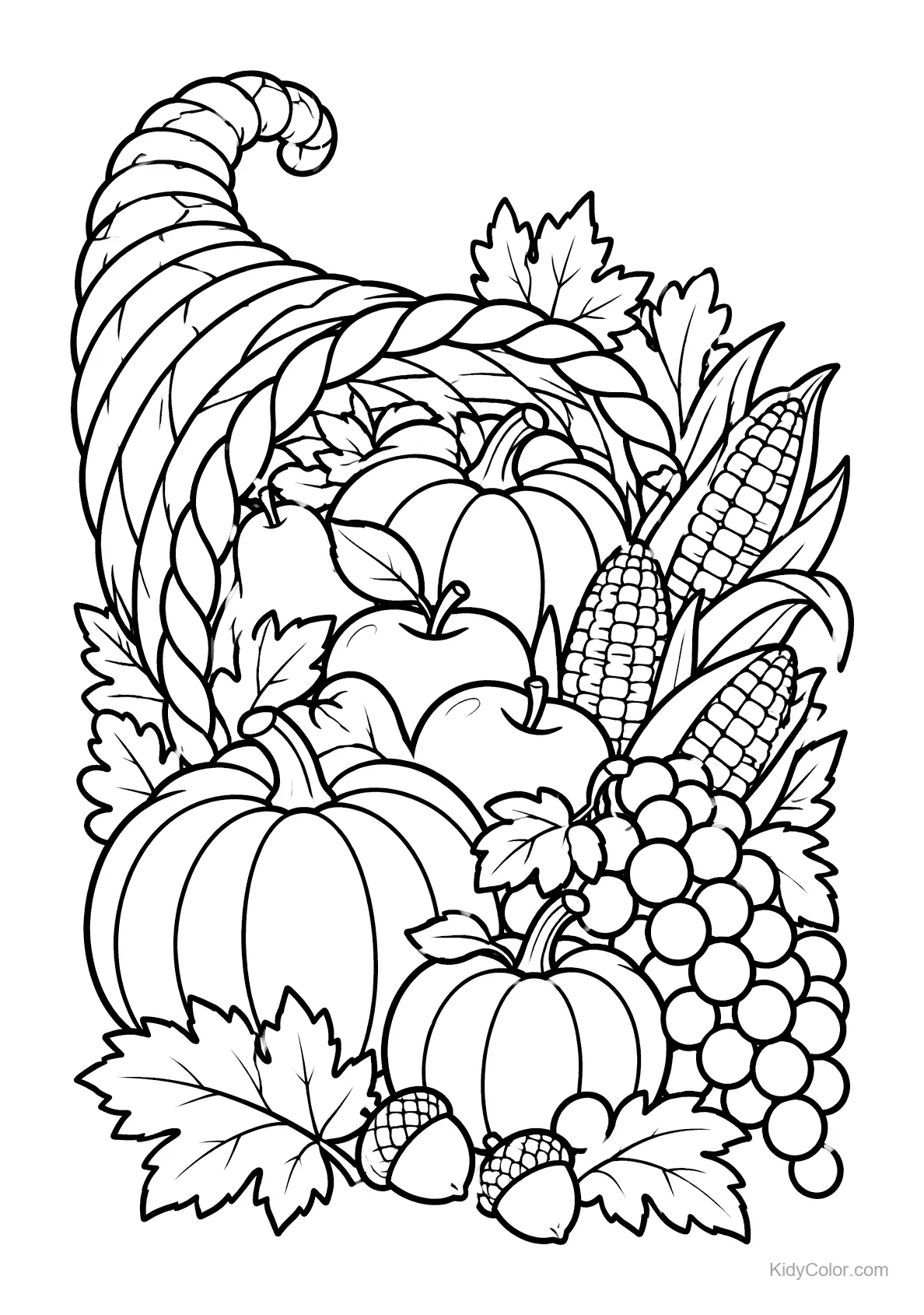 A cornucopia filled with pumpkins, apples, corn, and grapes.