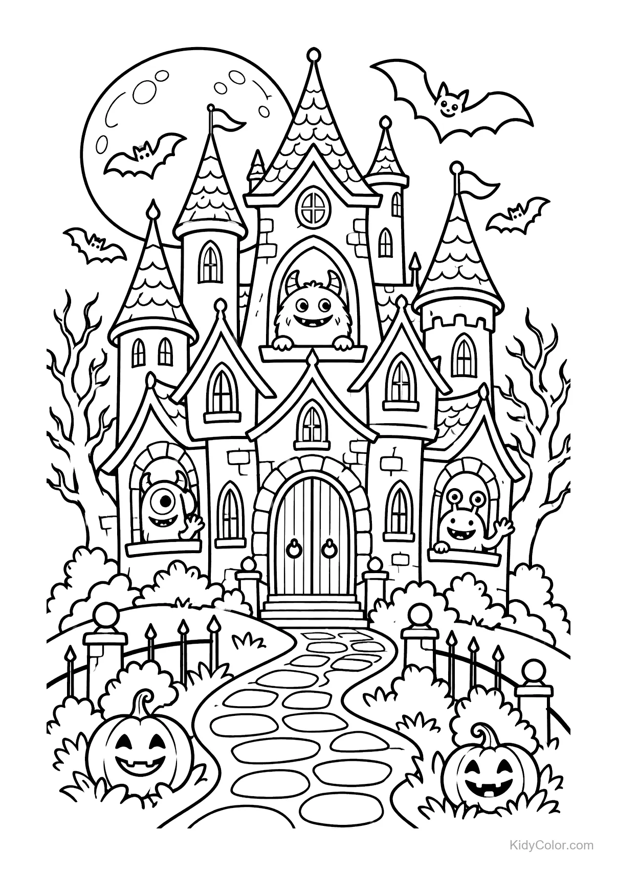 Haunted castle with friendly monsters and pumpkins, bats flying.