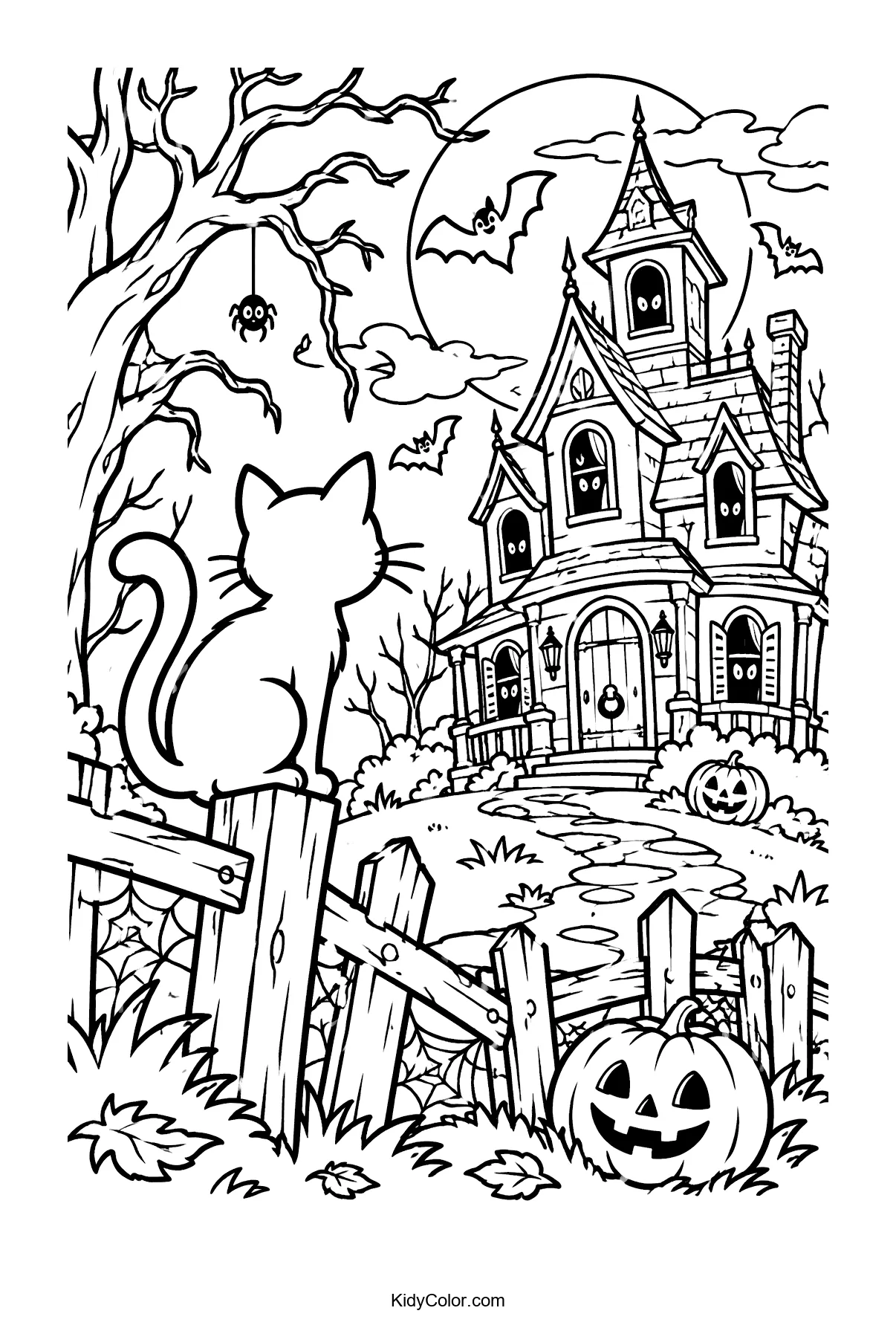 Haunted house with a cat on a fence and bats in the night sky.