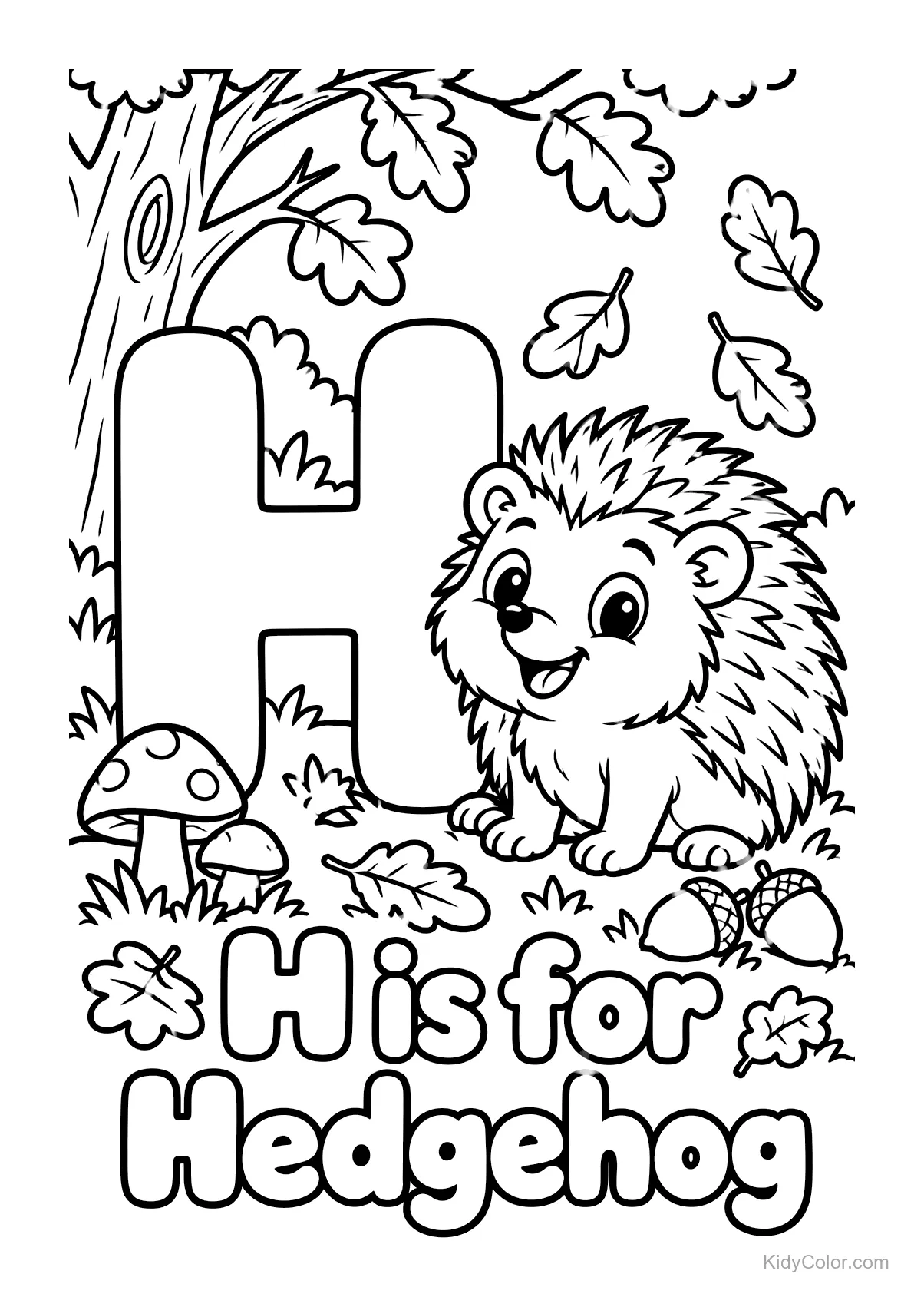 Hedgehog sitting next to letter H, surrounded by leaves.