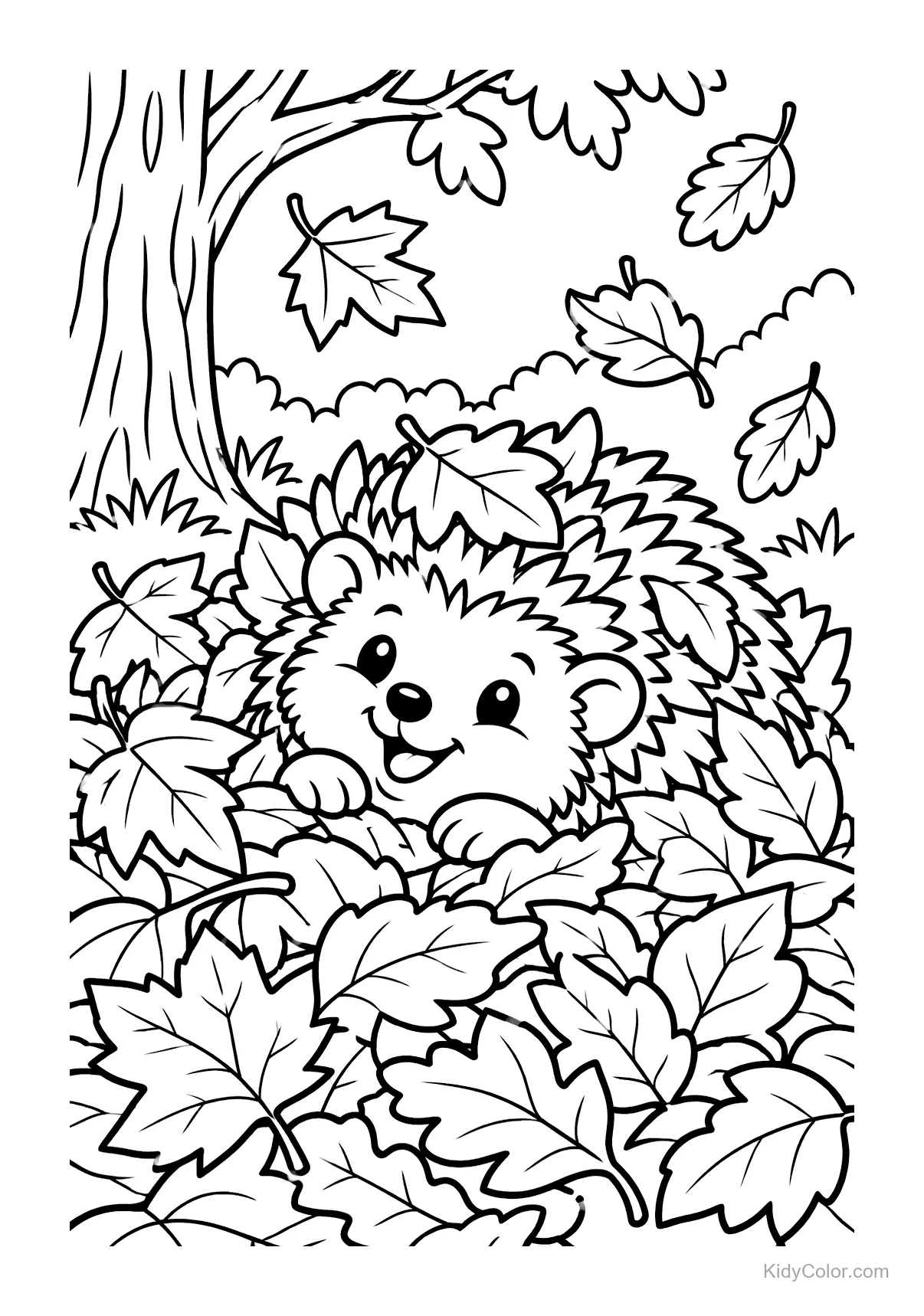 A cheerful hedgehog among autumn leaves with a tree in the background.