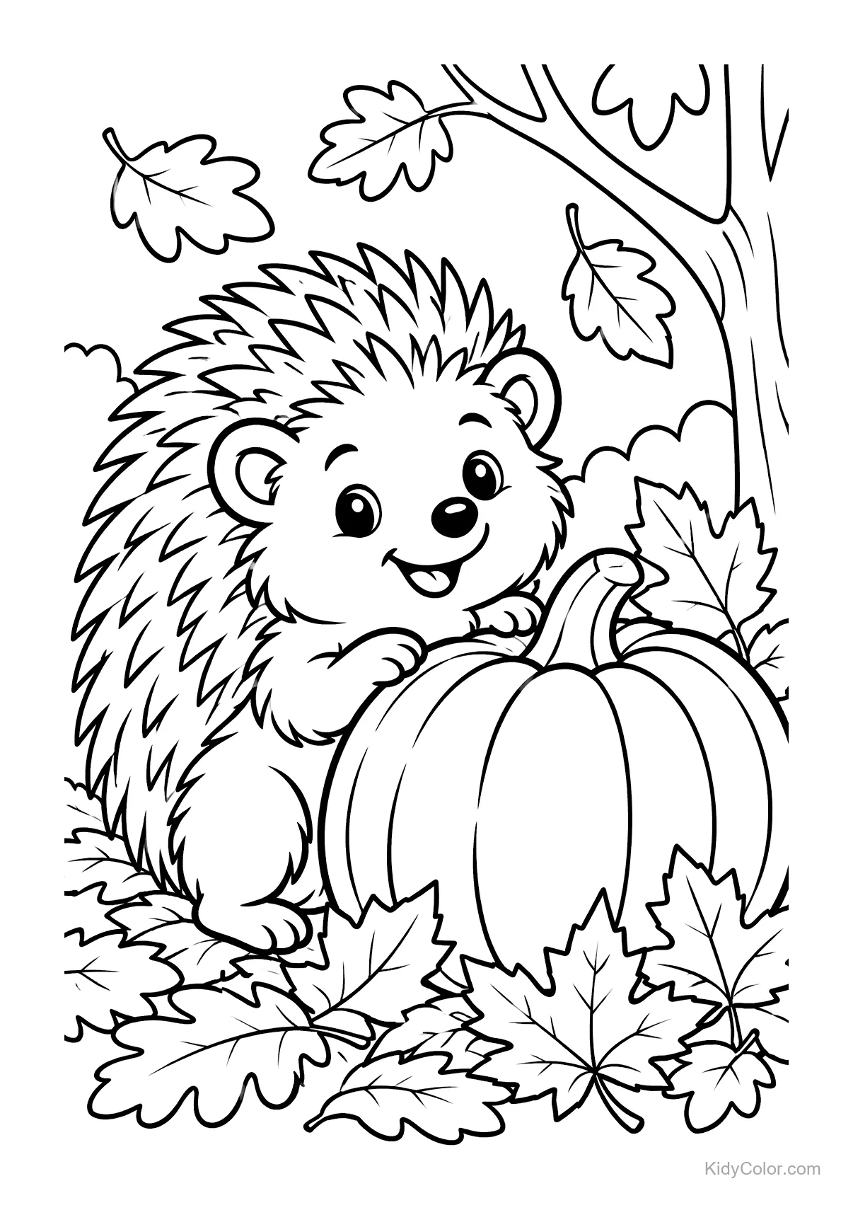 Cheerful hedgehog with a pumpkin among autumn leaves.