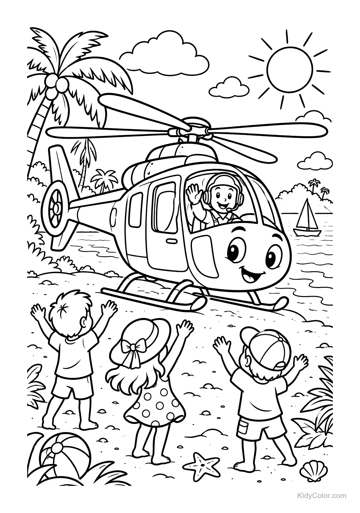 A helicopter landing on a beach with children waving.