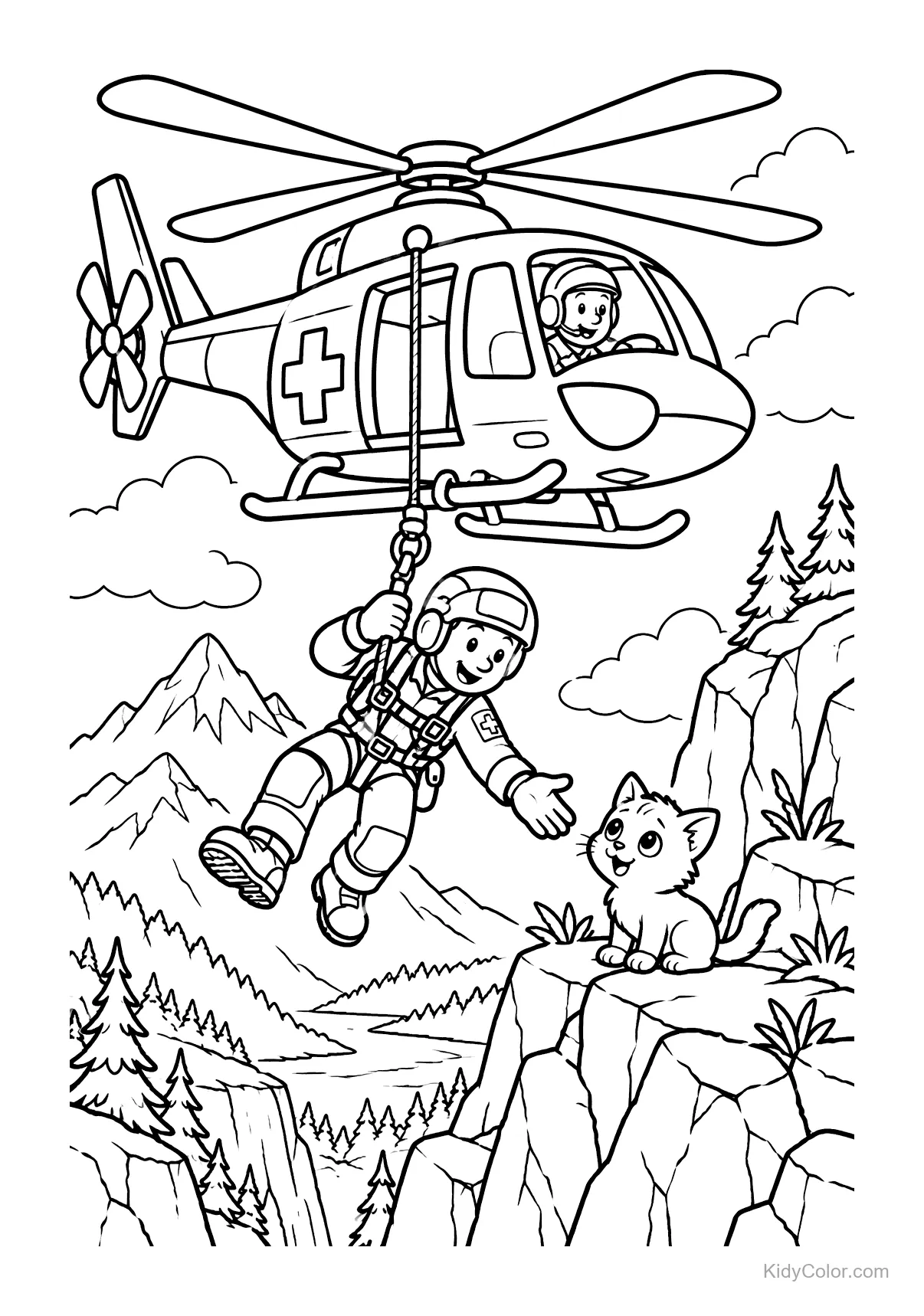 Helicopter rescue mission with a kitten on a mountain cliff.