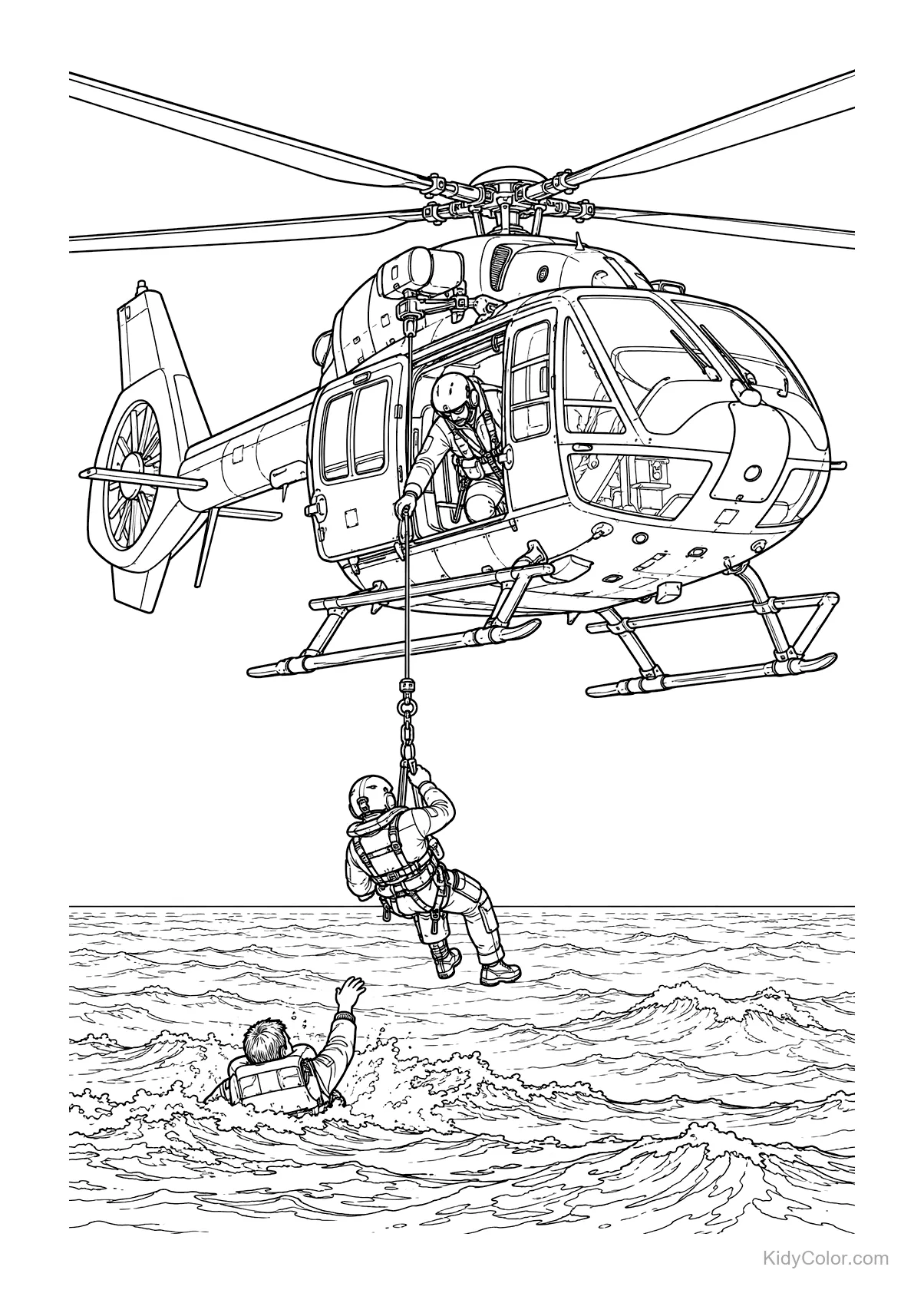 Helicopter crew performing sea rescue, with one person in the water.