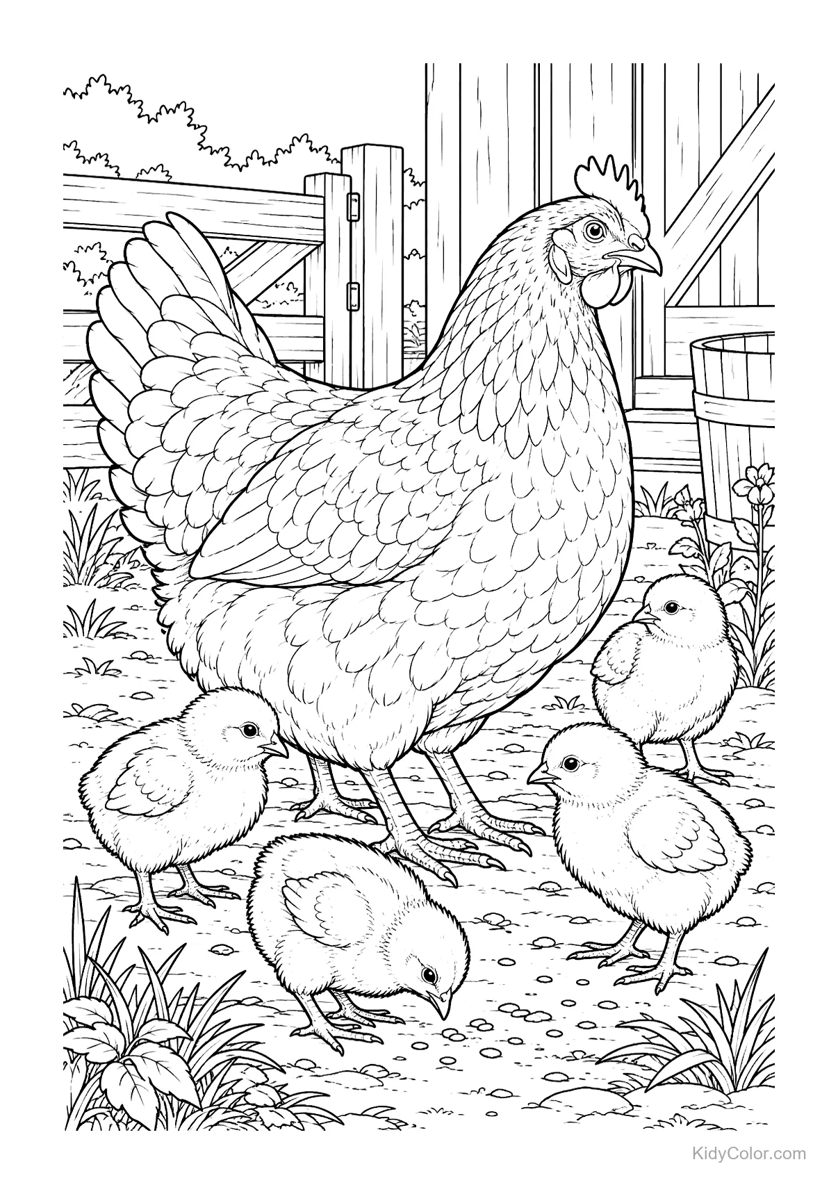 A hen and five chicks in a farmyard setting.