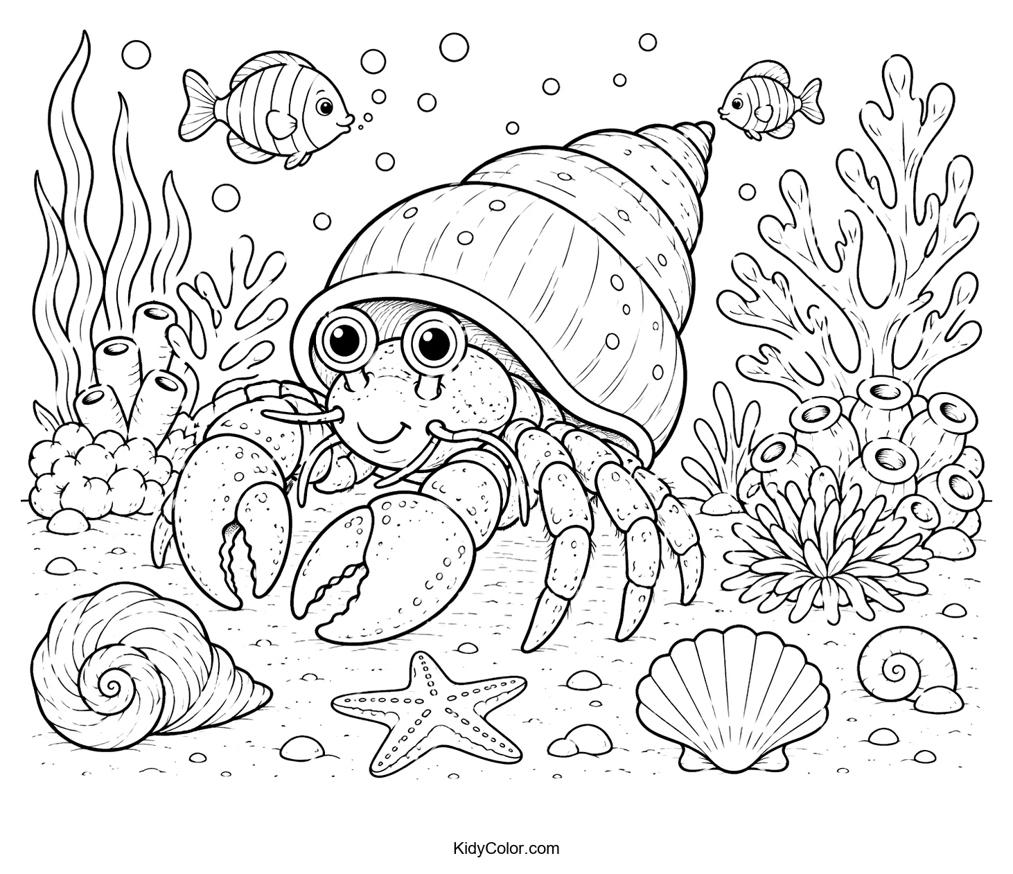 Hermit crab with a detailed shell in a coral reef with fish and sea plants.
