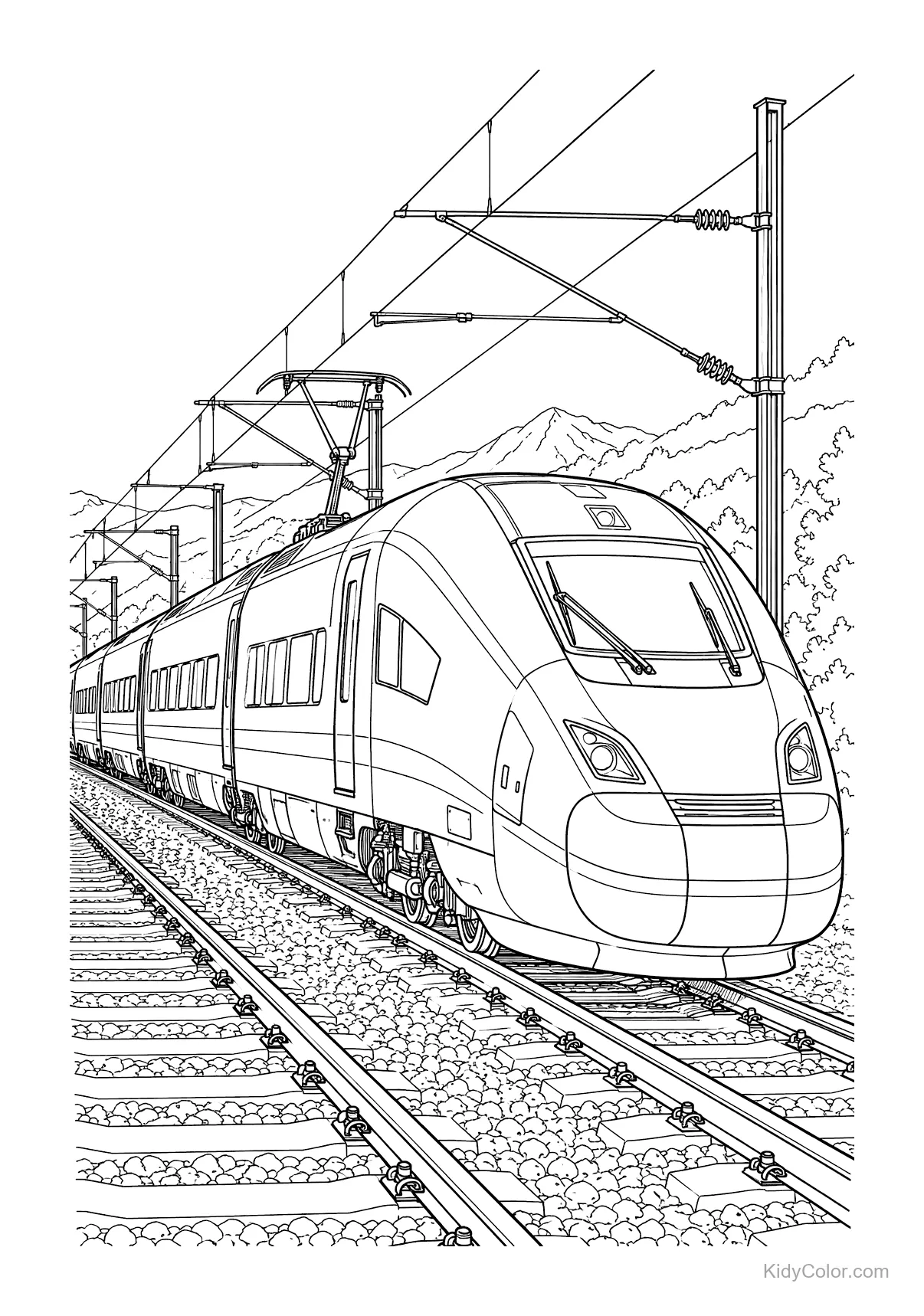 High-speed train traveling through mountains with power lines above.