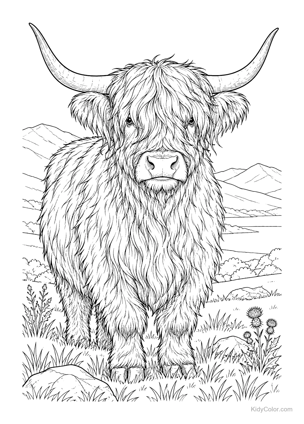 Highland cow standing in a field with hills in the background.