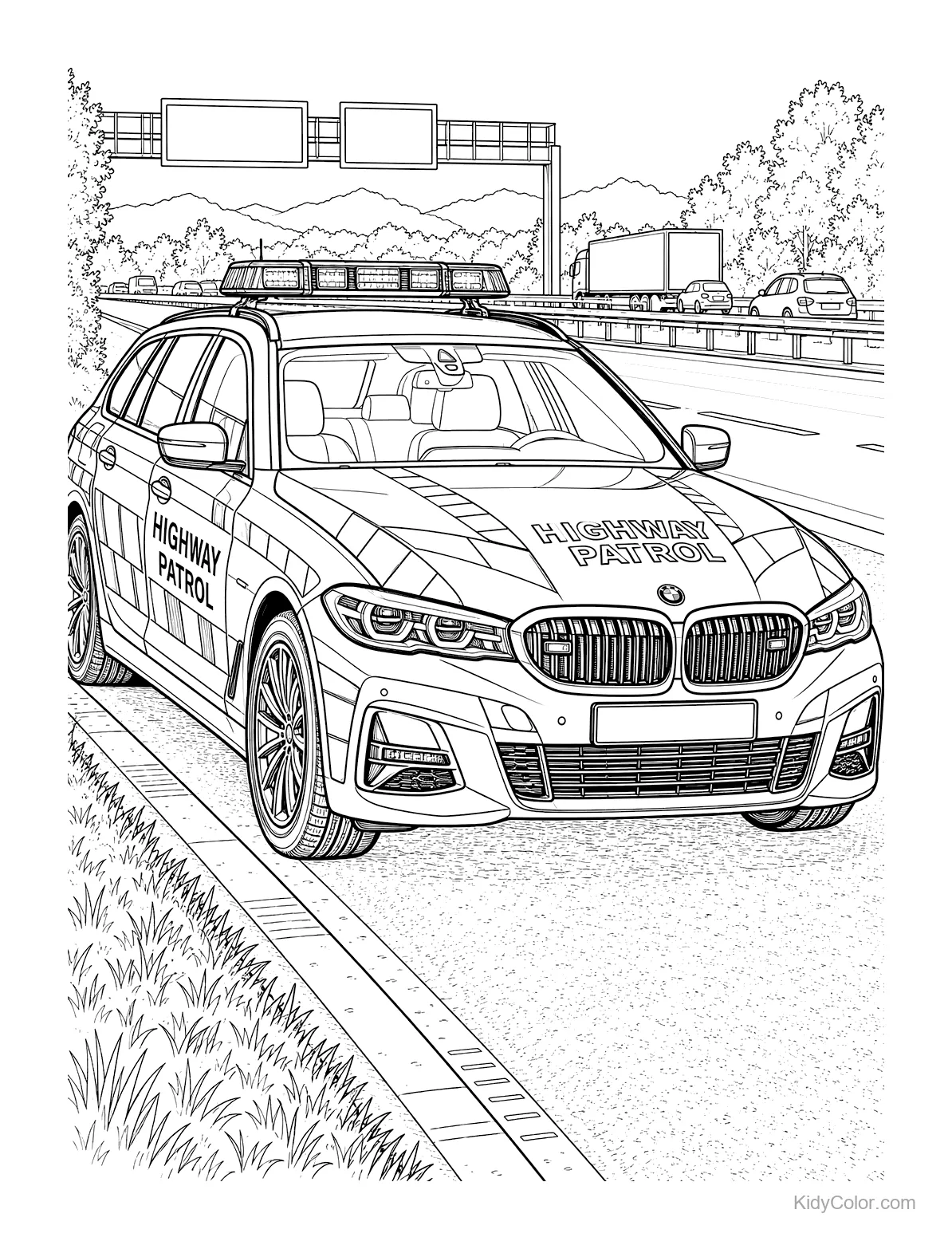 Highway patrol wagon parked on a motorway next to other cars.