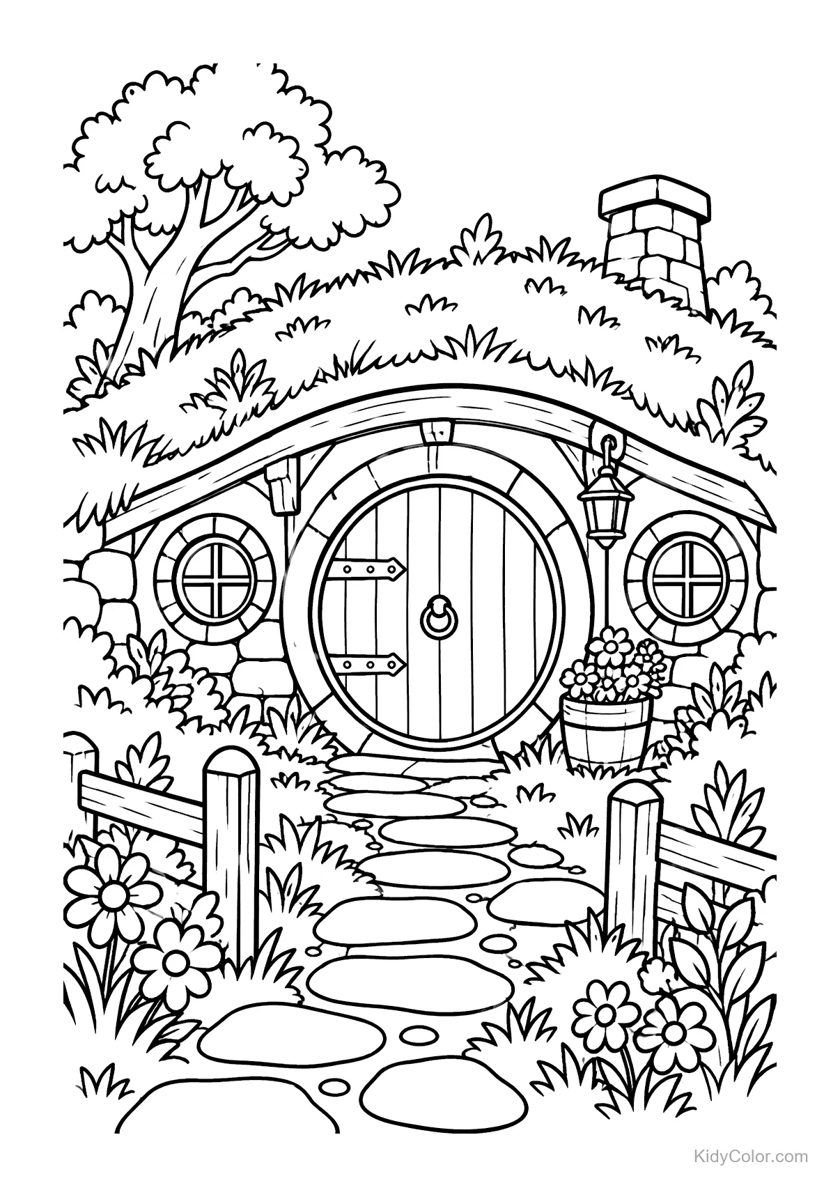 Casa de hobbit com porta redonda cercada por jardim e caminho de pedras.