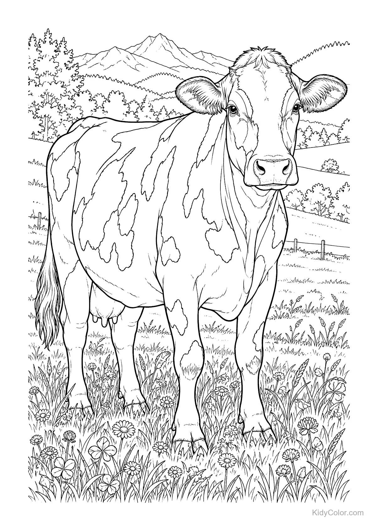 A Holstein cow standing in a meadow with mountains in the background.