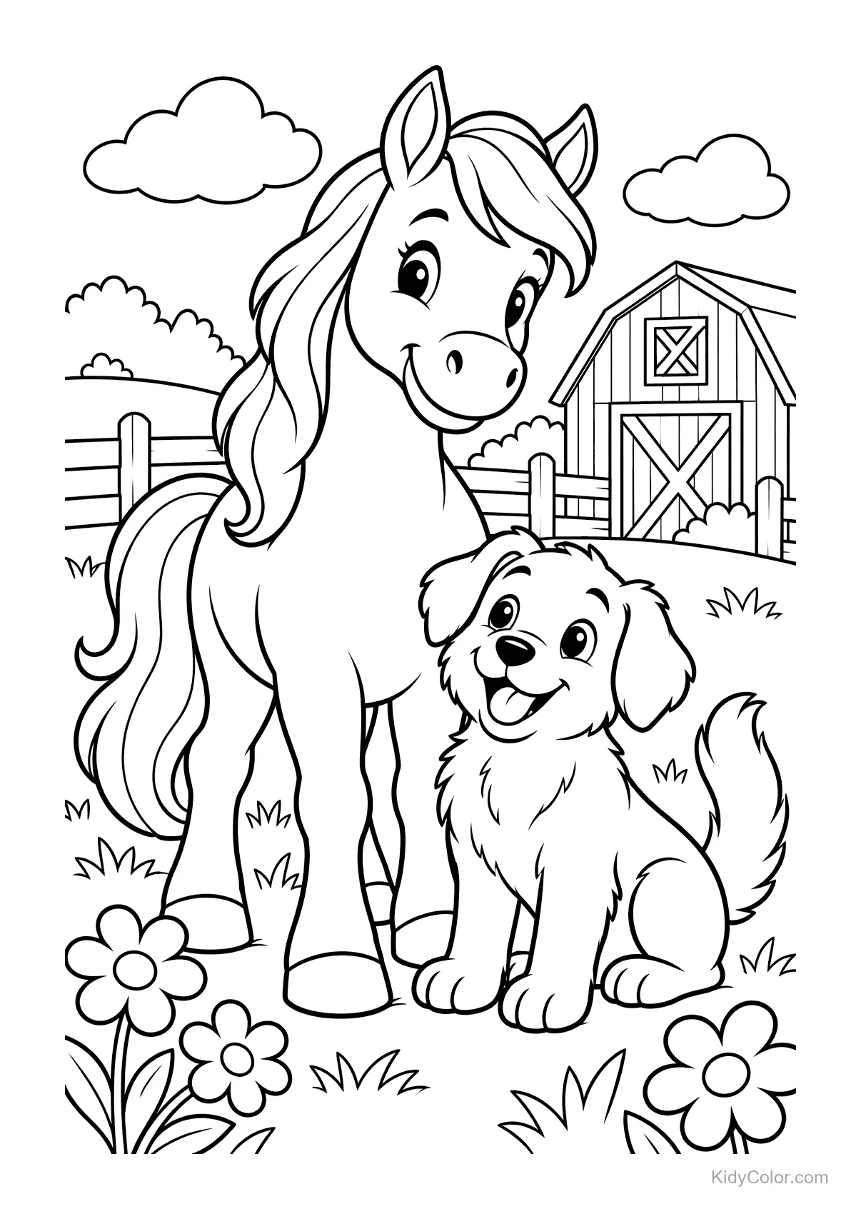 Cheval et chien devant une grange avec des fleurs autour.