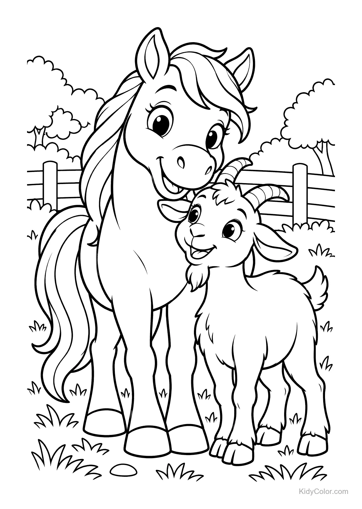 Un caballo y una cabra amigables juntos en un campo.