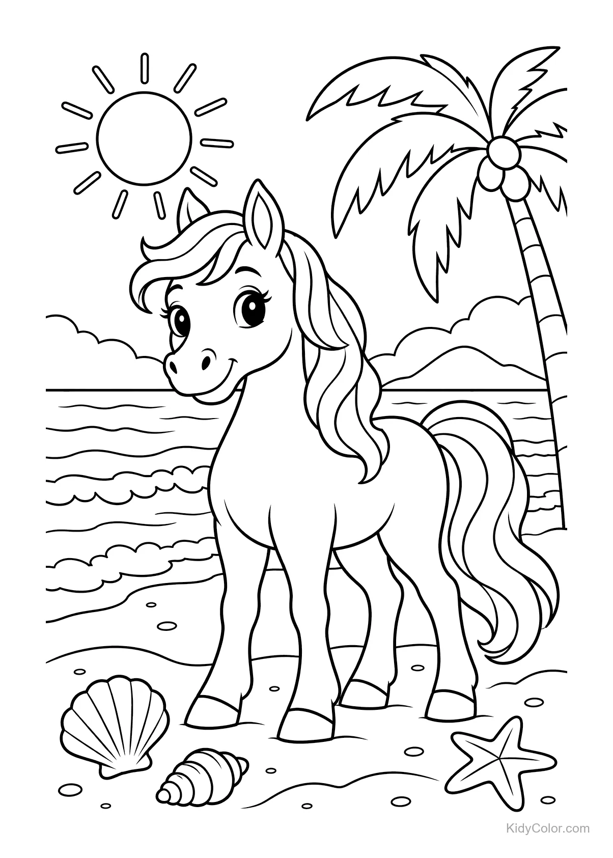 Cheval à la plage avec coquillages, soleil et palmier.