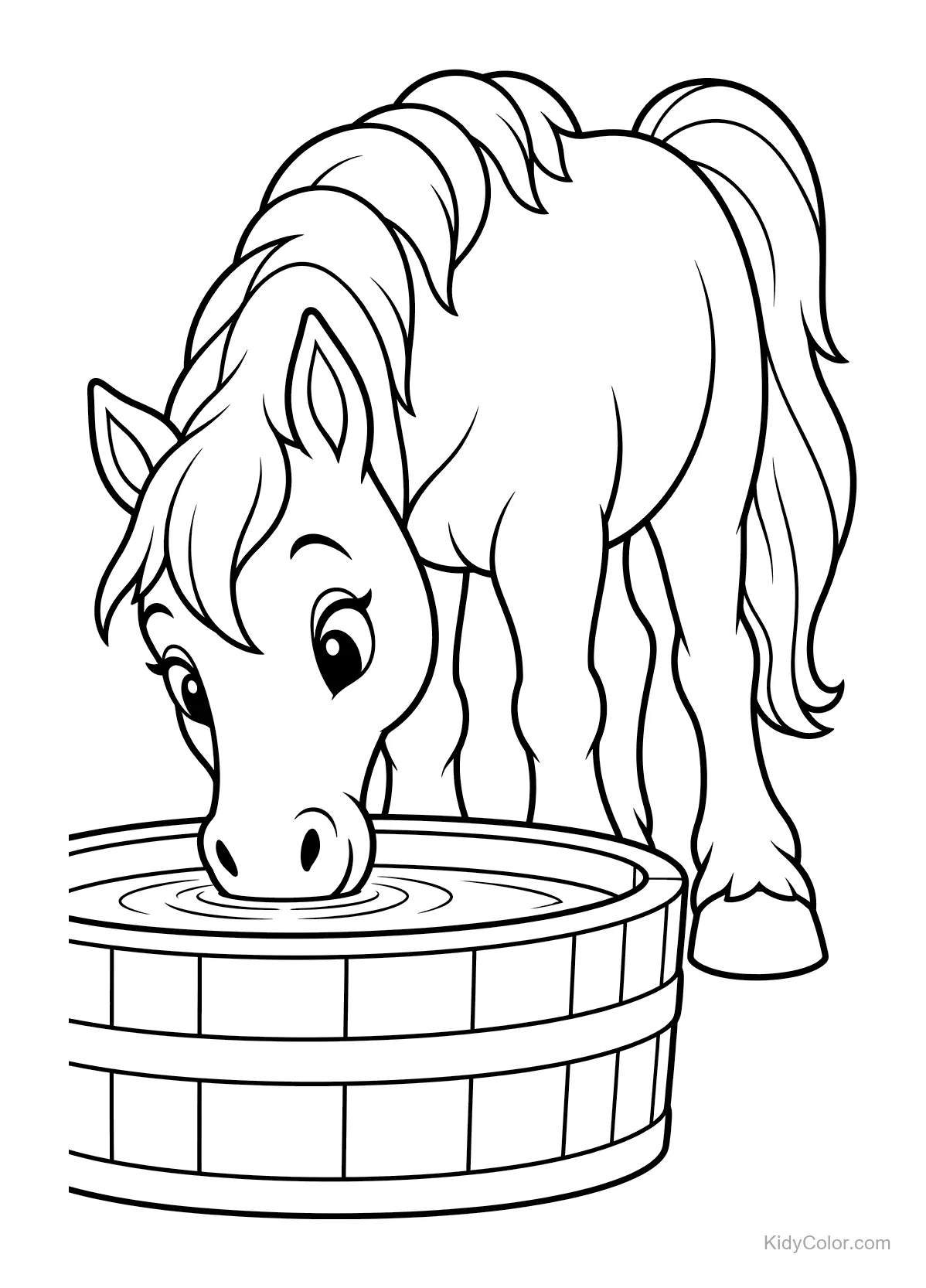 Cavallo che beve da una vasca di legno.