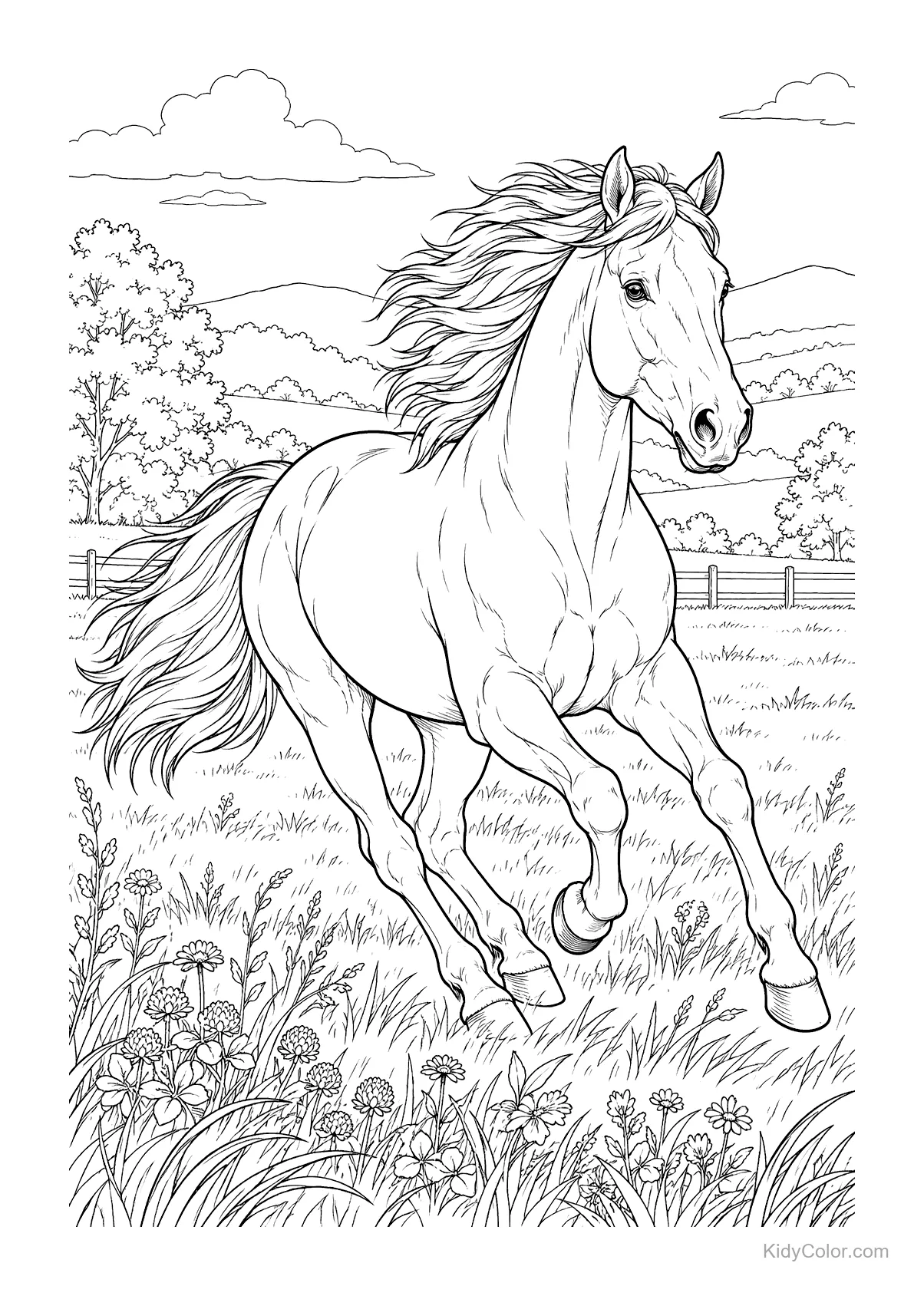 A horse galloping through a meadow with hills and flowers.