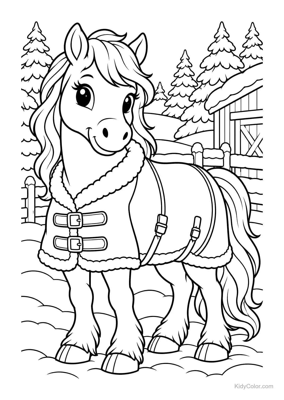 Horse wearing a winter coat standing in a snowy farm with trees.