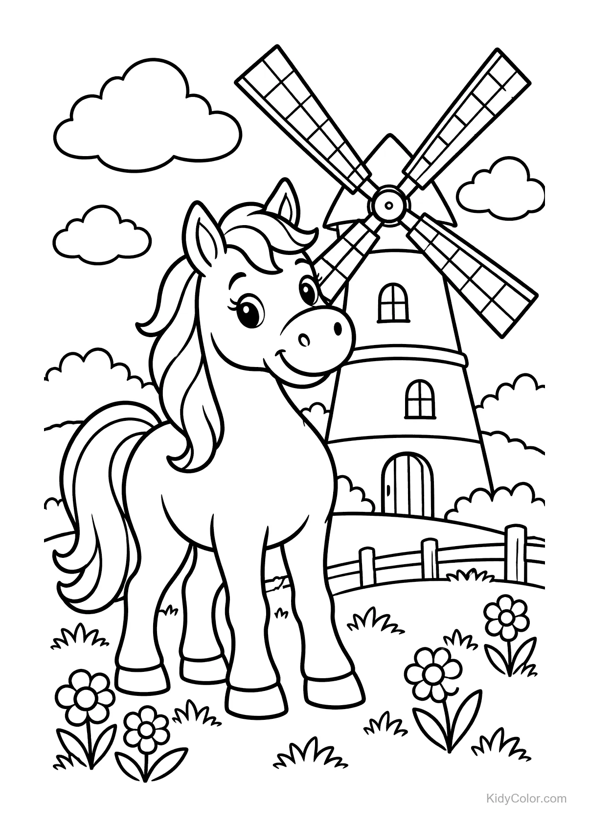 Pferd vor einer Windmühle mit Wolken und Blumen.
