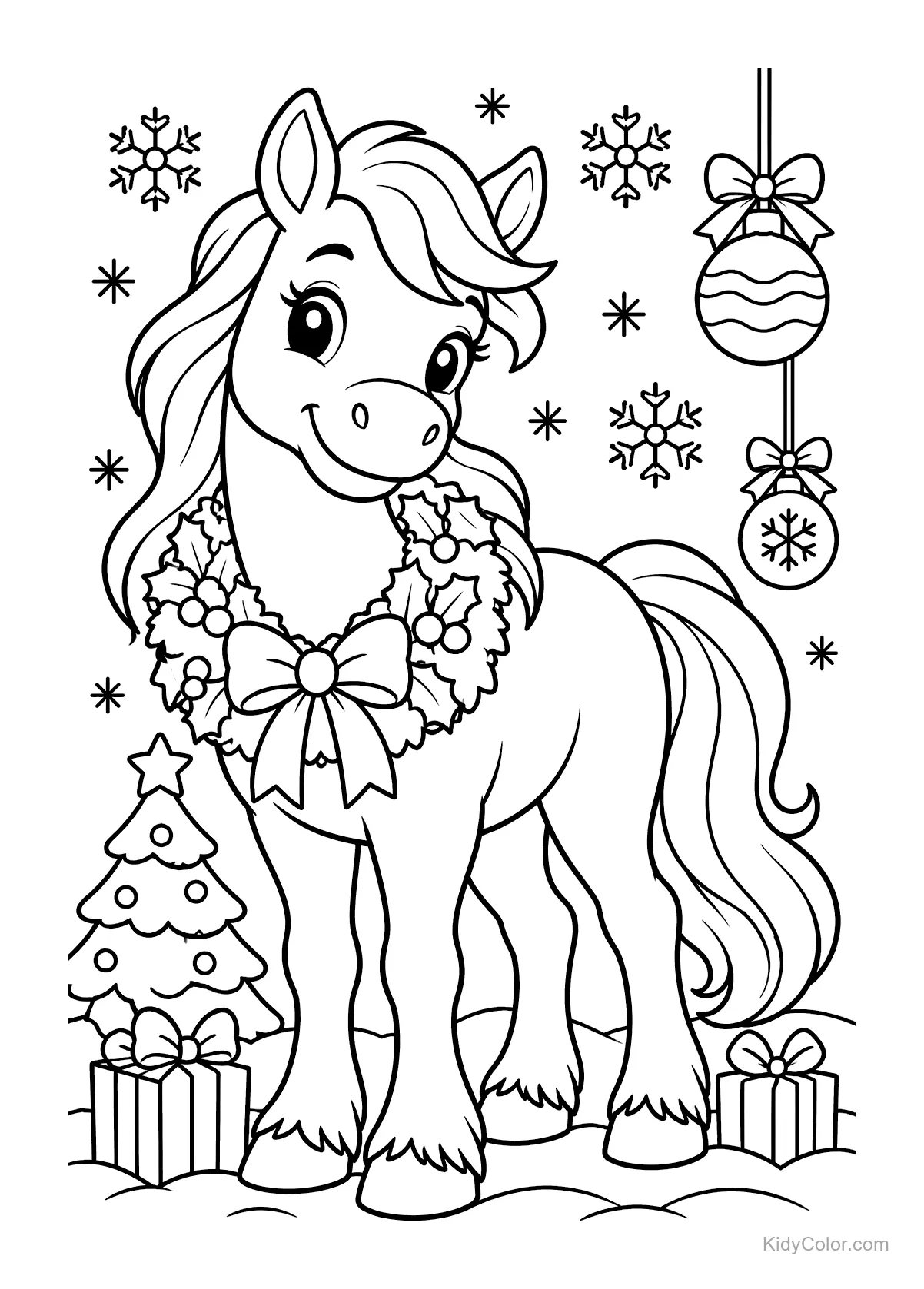 Paard met kerstkrans en feestelijke decoraties