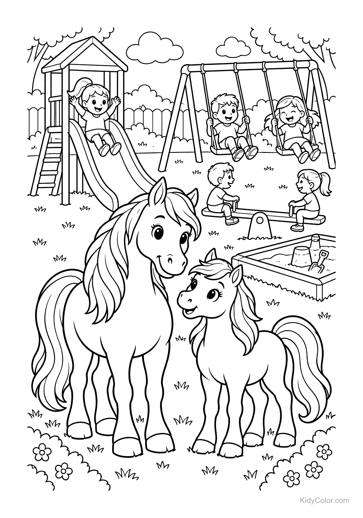 Dos caballos cerca de un parque infantil con niños en columpios y un tobogán.