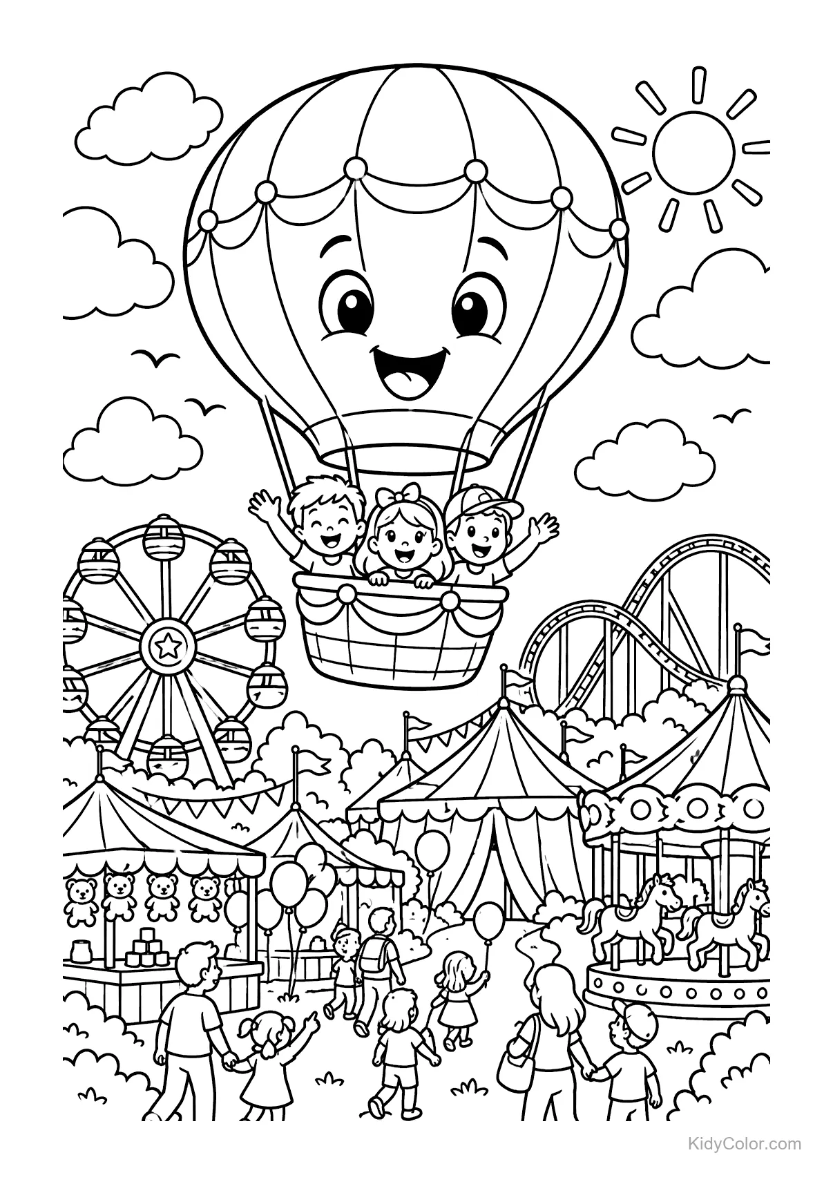 Hot air balloon with smiling passengers over a carnival scene.