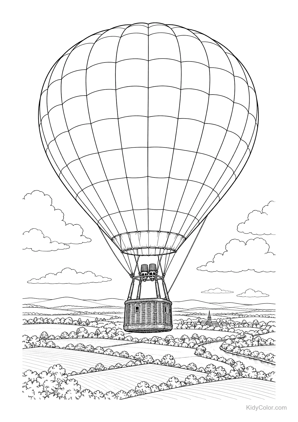 Hot air balloon floating over a countryside landscape with fields and clouds.