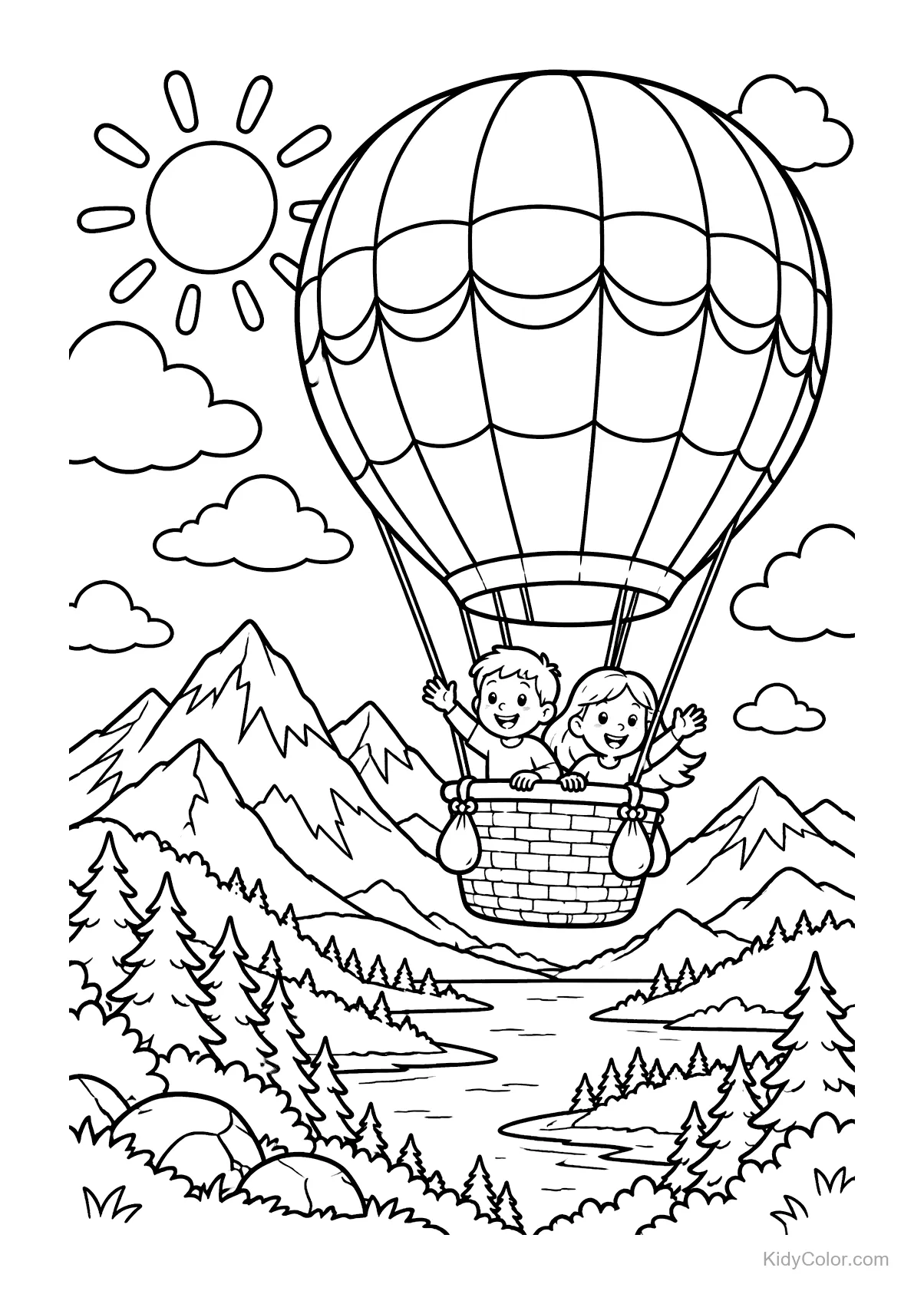 Hot air balloon with two kids over mountains and river.