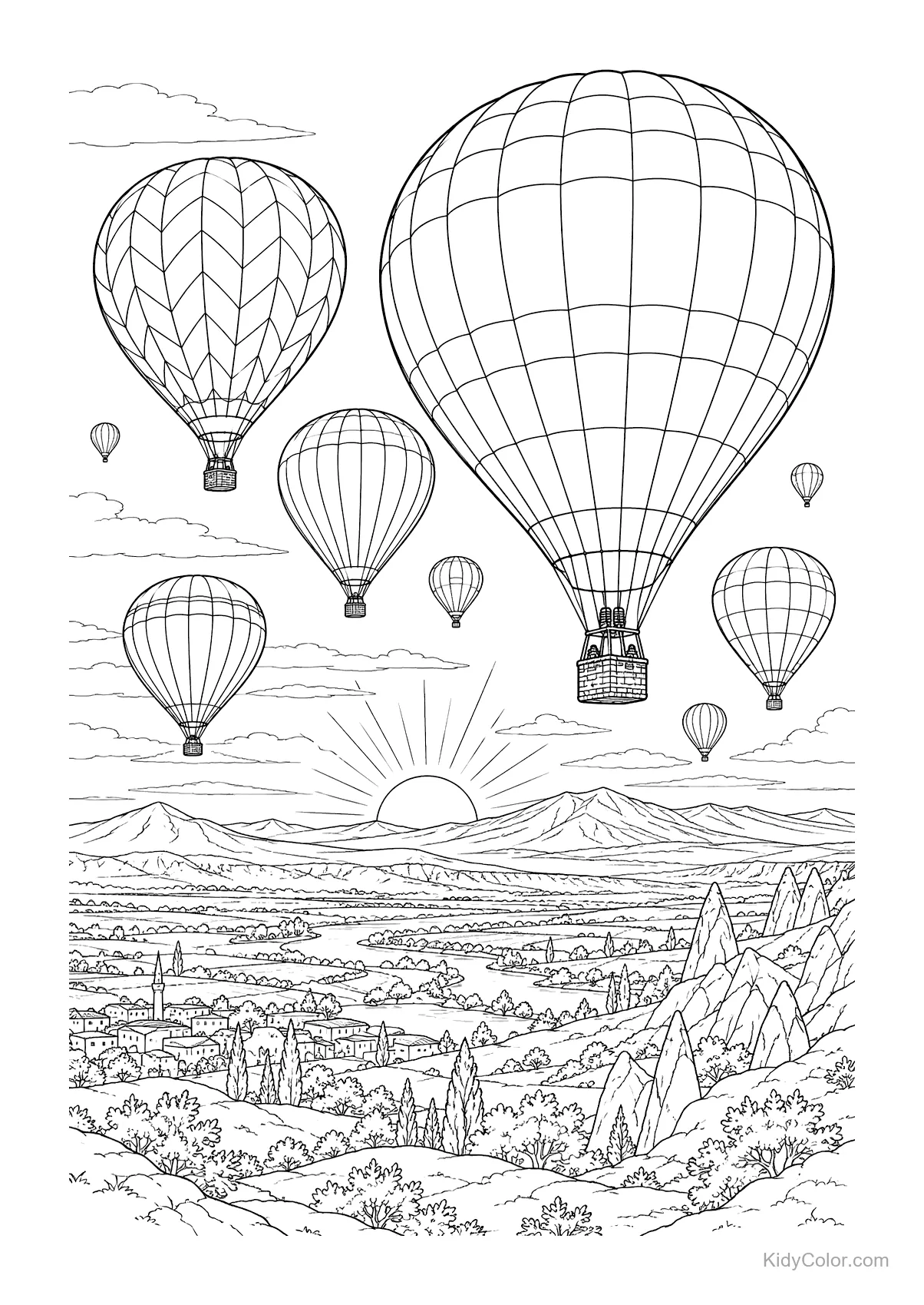 Hot air balloons floating over a valley with mountains and a sunrise.