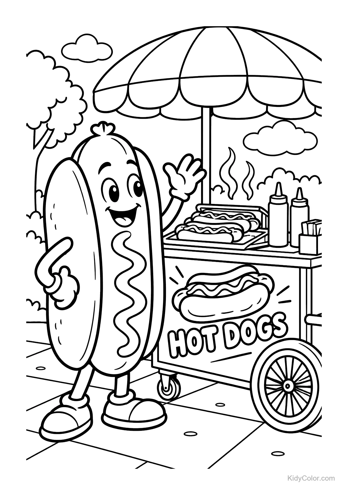 Hot dog character waving at a hot dog cart with steaming buns.