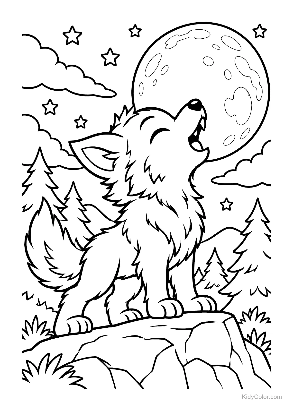 A wolf pup howling under a full moon with stars and trees around.
