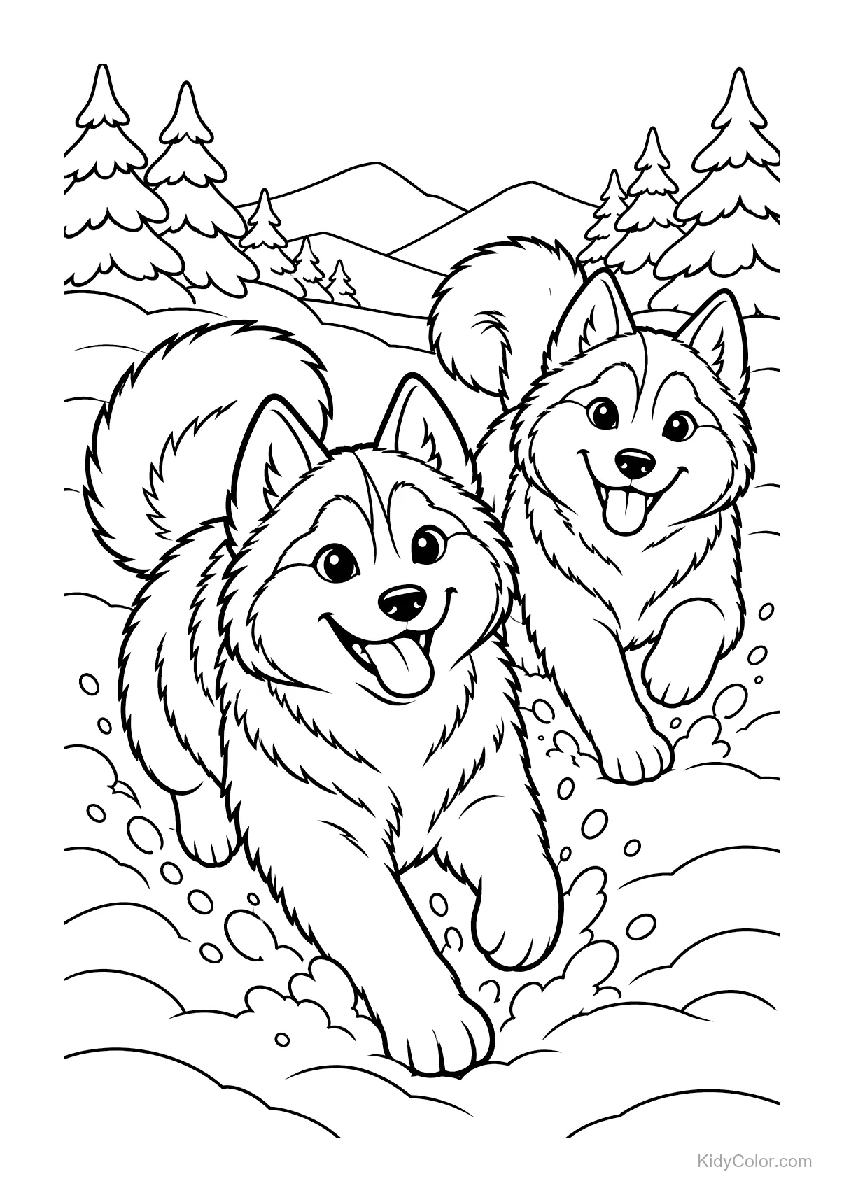 Zwei Huskys toben im Schnee mit Bergen im Hintergrund.