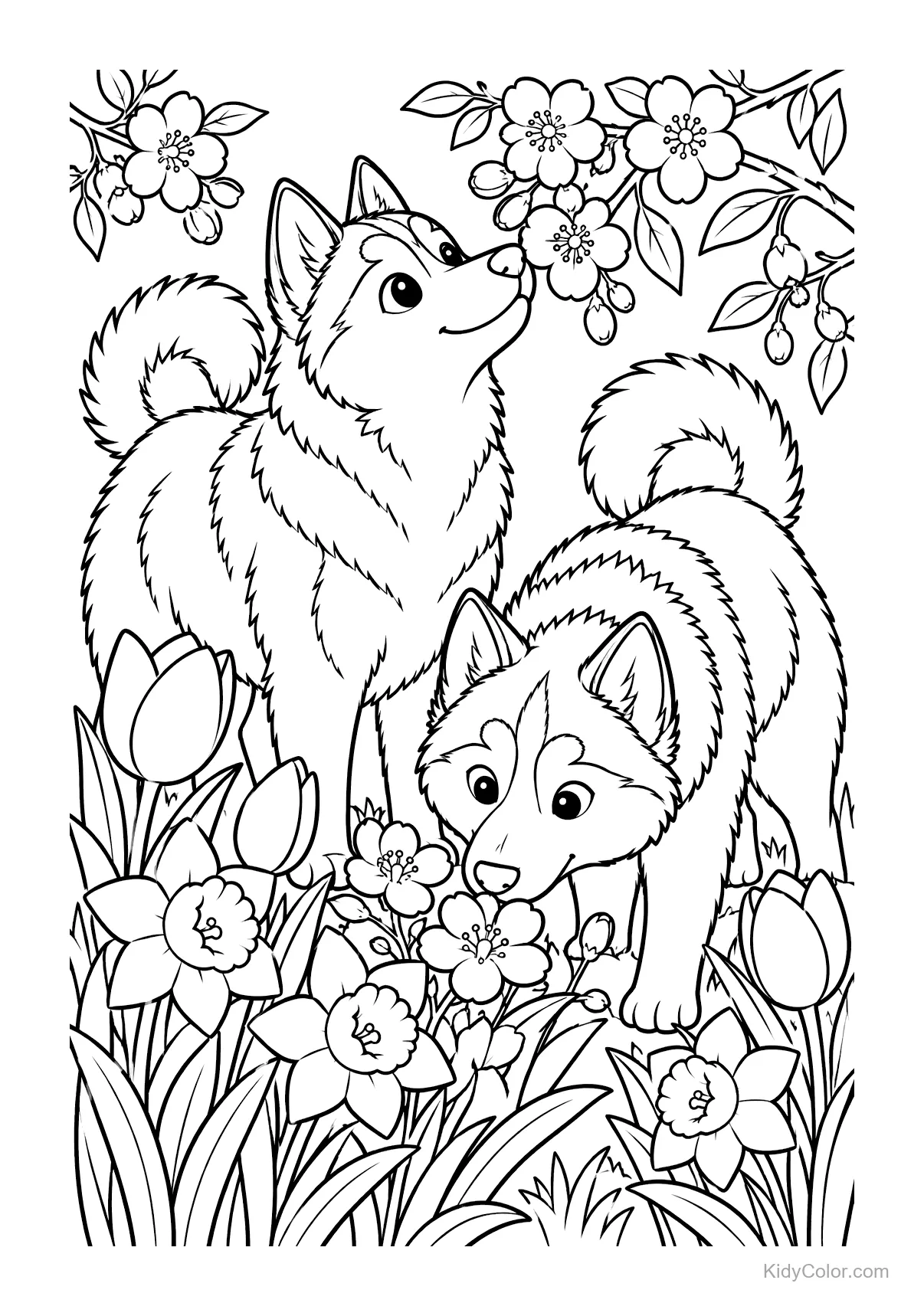 Two huskies sniffing spring blossoms in a garden.