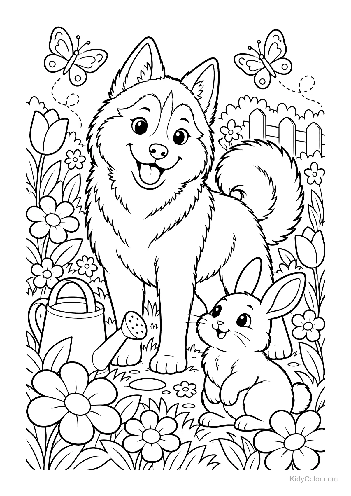 Husky and bunny in a spring garden with flowers and butterflies.