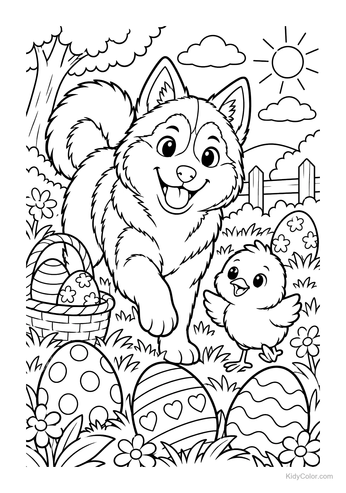 Husky and chick searching for Easter eggs in a garden.