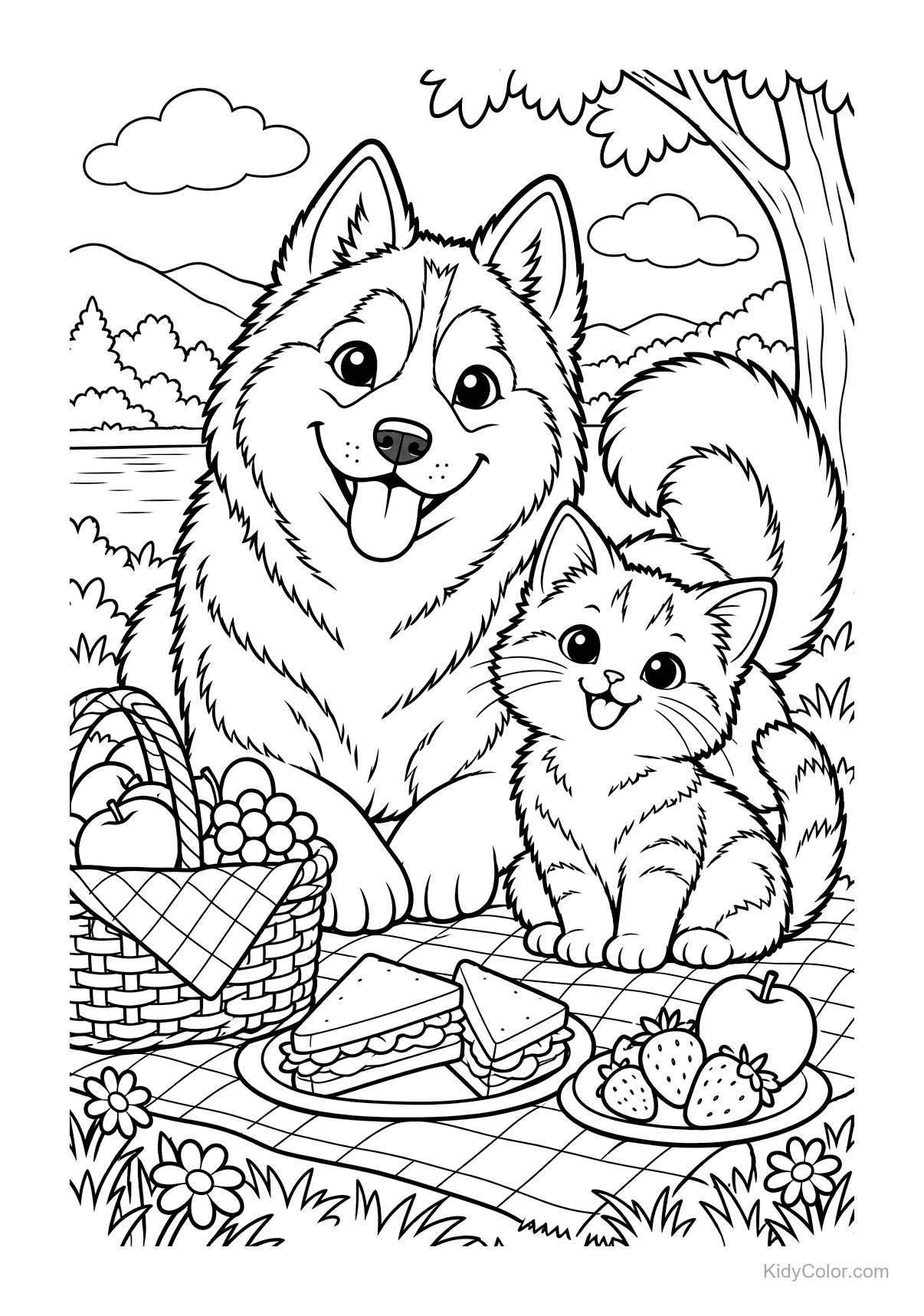Husky und Kätzchen sitzen bei einem Picknick mit Essen.