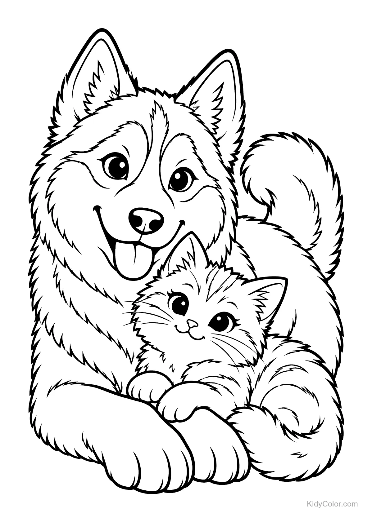Un husky et un chaton sont enlacés, souriant chaleureusement.