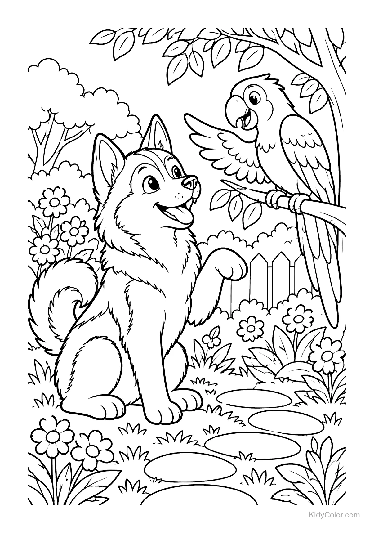 Husky assis dans un jardin avec un perroquet sur une branche.
