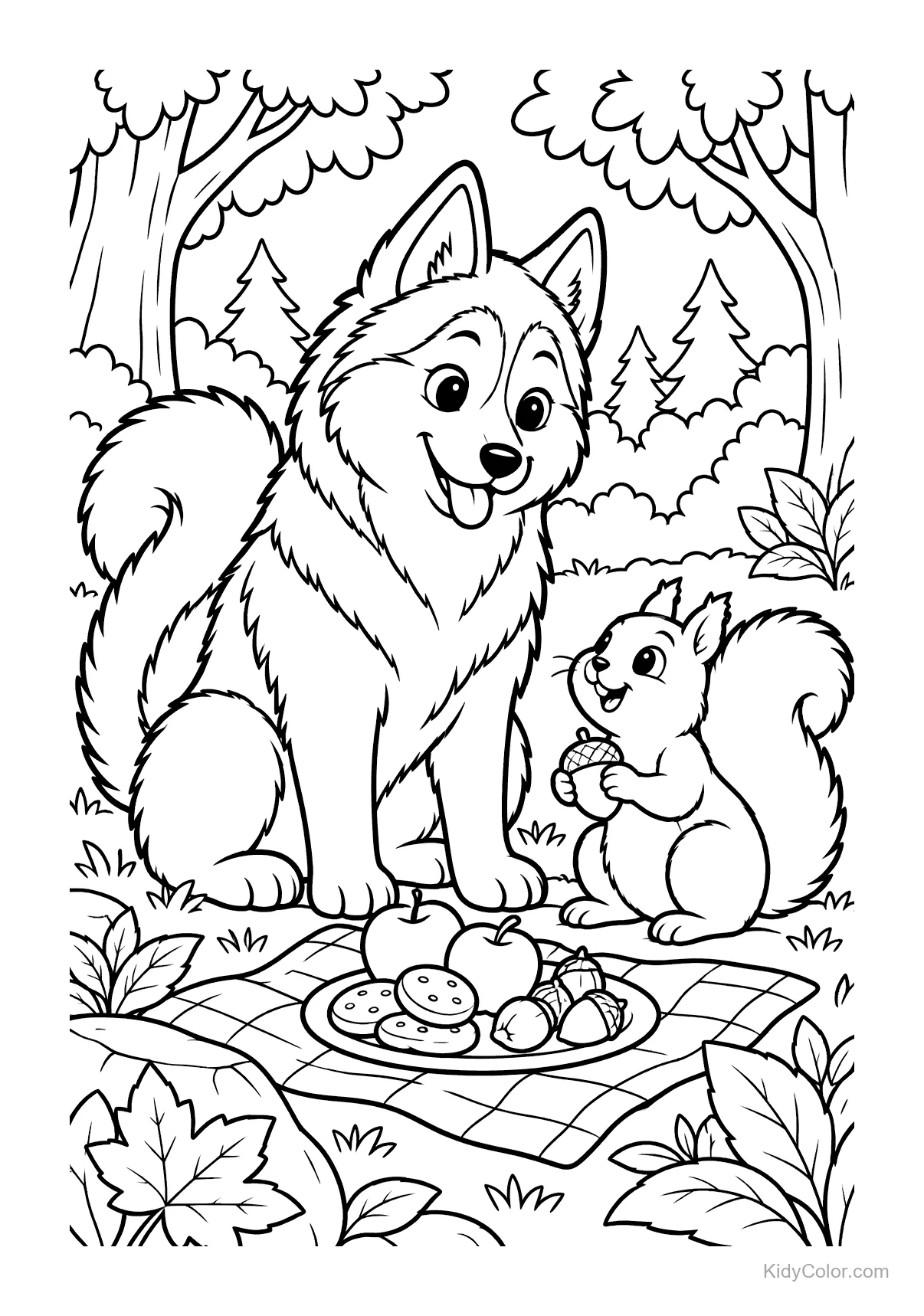 Husky und Eichhörnchen beim Picknick im Wald.