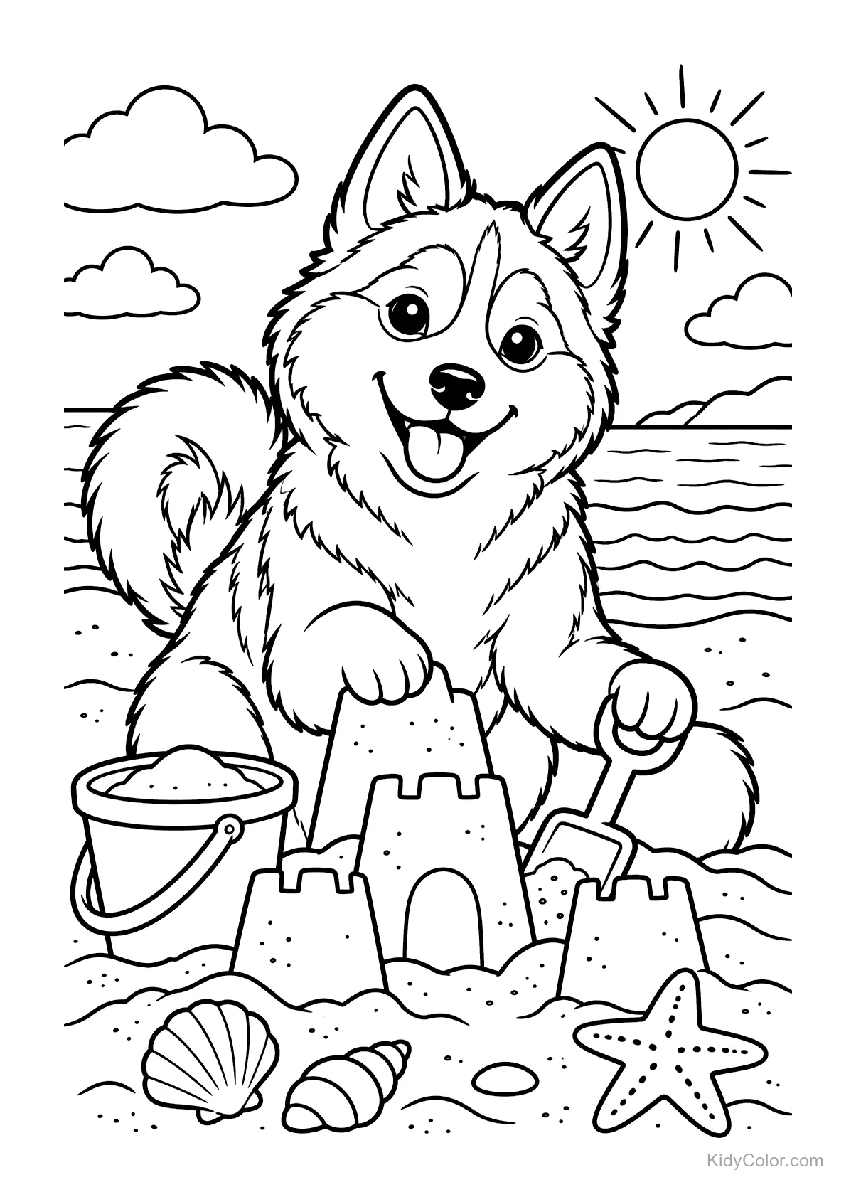 Husky budujący zamek z piasku z wiaderkiem i łopatką na plaży.